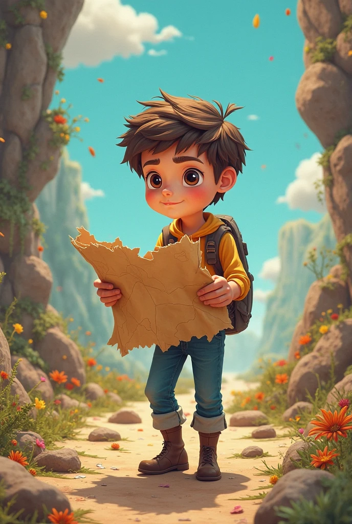 A boy finding an ancient map hidden in a rock in a village