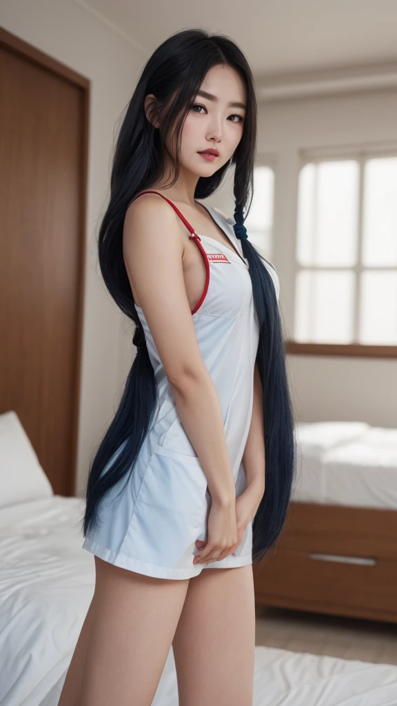Light clothing、Formal Wear、blue eyes、blonde、Full body photo、(Look to the side),(Side Shot),Sexy Face、Straight Long Hair_Hair reaching down to the waist、 Complete look、(((masterpiece)))、(Perfect breasts),((Highest quality))、((超Realistic))、成熟したwoman、成熟したwoman、perspective、Very detailed、A smile showing white teeth、Best image quality、Fine-grained image quality、beautiful、Europe, woman, French, woman Italian, Italian, A perfect smile、blue eyes、jewelry, blue eyes, Realistic, High resolution, Glowing Skin, (Detailed face),jewelry, , night, Blue Hair,blonde, Wavy Hair,Attractive appearance, A perfect smile,(stewardess),Cabin attendant，Pink fabric shorts,short, Snug-fitting white tank top,