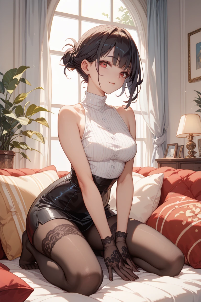 ((masterpiece)), (best quality), beautiful, extremely detailed face, perfect lighting,ultra-detailed, 8k,textured skin, beautiful detailed face, beautiful detailed eyes, ambient light, realistic shadows, beautiful detailed pupils, cute,detailed fingers,mature female,himeno \(chainsaw man\), black eyepatch, right eye covered, short hair, blue eyes, short black hair,half body, japanese street background,smoking,smiing,from side, maid dress