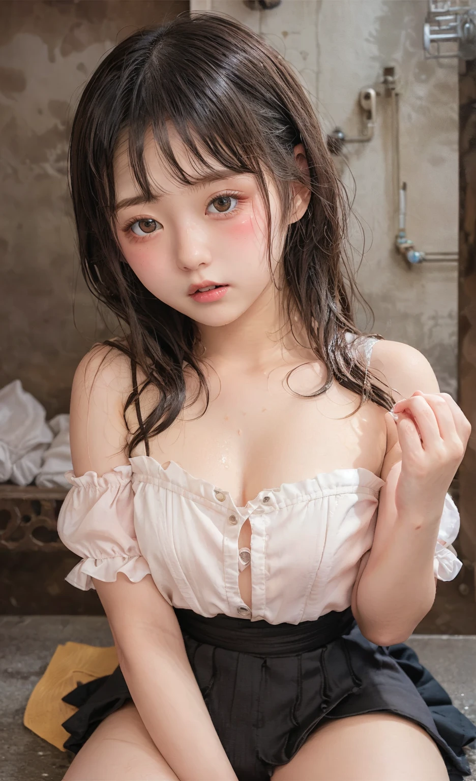 ((Medium-breasted, 15-year-old girl, small head)), ((15)), ((15)) Daylight, Daylight, Bokeh, Depth of Field, Blurred Background, (Perfect Body: 1.1), (Young), (Short Wavy Hair: 1.2), Full Body Shot, (Girl in Uniform: 1.4, Pleated Skirt, Button Up Shirt), (School Uniform)), (Highly Detailed CG 8k wallpaper), ( Very delicate and beautiful), (masterpiece), (Best Quality: 1.0), (Ultra High Definition: 1.0), Beautiful lighting, perfect lightning, realistic shadows, [Hi-Res], Skin Detail, Ultra Detail, ( Toned Body) , , Thighs, (Beautiful Long Hair),, Thin Clavicle, Soft Navel, Soft Midriff, Soft Back, Angle from Top, Sweaty, Beautiful, Blush, Photorealistic, Realistic face, Realistic eyes, Small eyes, ((((Colorful)))) ((cleavage)))), Freckles: 0.8, (Eyeliner), (Mascara), ((Thick white liquid on the body)), ((Very sweaty)), ((High Detail Skin)))), (Body is wet))(((Wet thighs)),