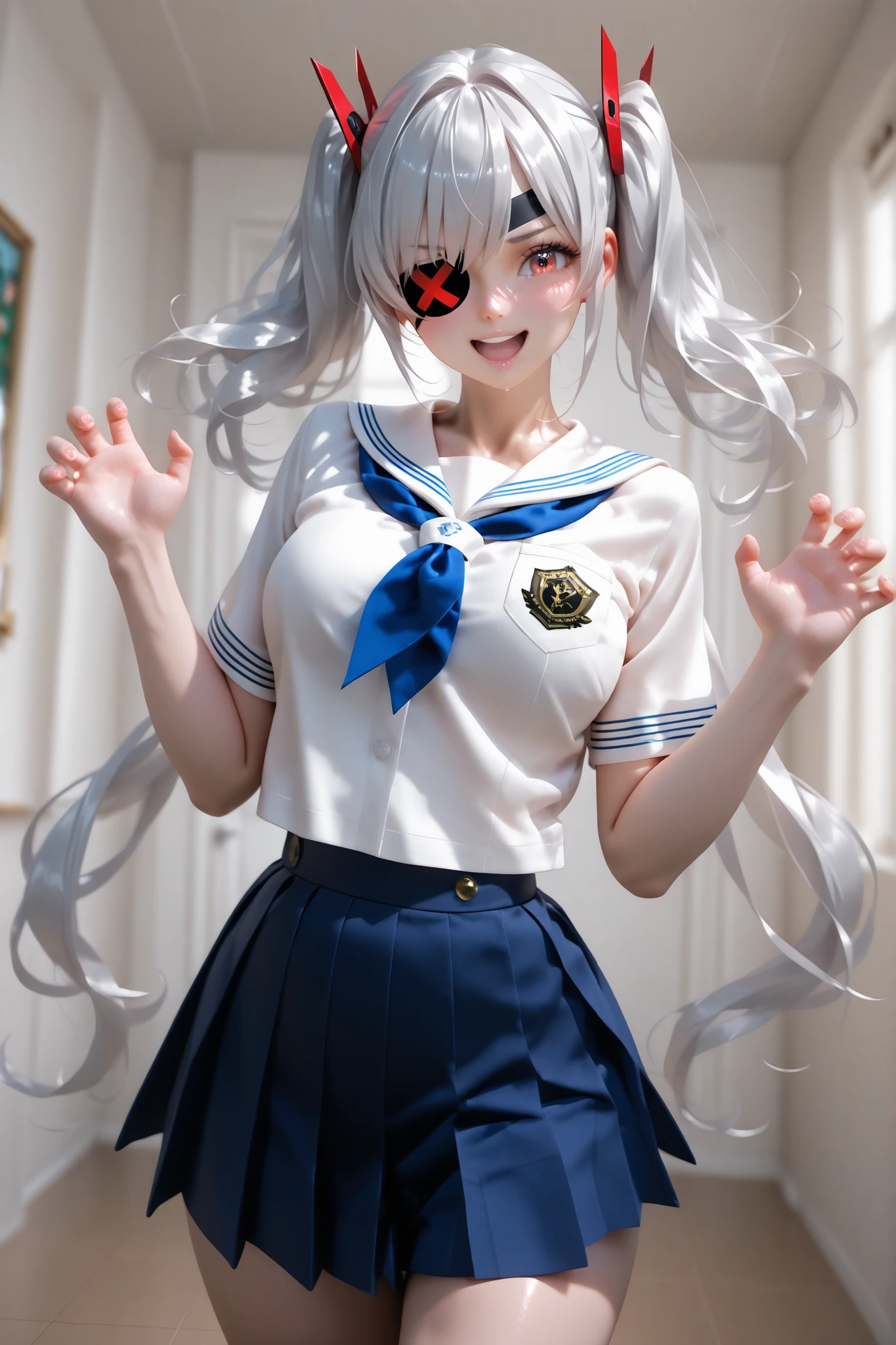 (masterpiece, best quality), 1girl, <lora:laura_bodewig_v1:0.8> aalaura, long hair, eyepatch, school uniform, necktie, collared shirt, white jacket, belt, white pants, aalaura, twintails, eyepatch, frilled bikini, black bikini, thigh holster