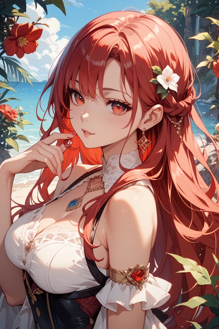 masterpiece, rich colors, Best quality, detailed, high resolution, Hyper quality, high detail, , high quality, detailing, skinny sexy girl on the beach , bright lighting , green eyes, Anime, palm trees, bright lighting, redhead,