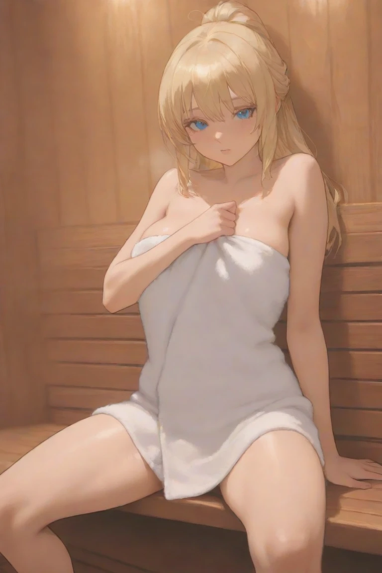 score_9, score_8_up, score_7_up, ymir fritz,1girl, solo, hairband, blonde hair, bangs, medium hair,shaded face,white dress, short sleeves, room,looking down, bathing, towel, medium breasts, nipples, navel, bath, steam, mist, lying, eyes closed, arms behind head,