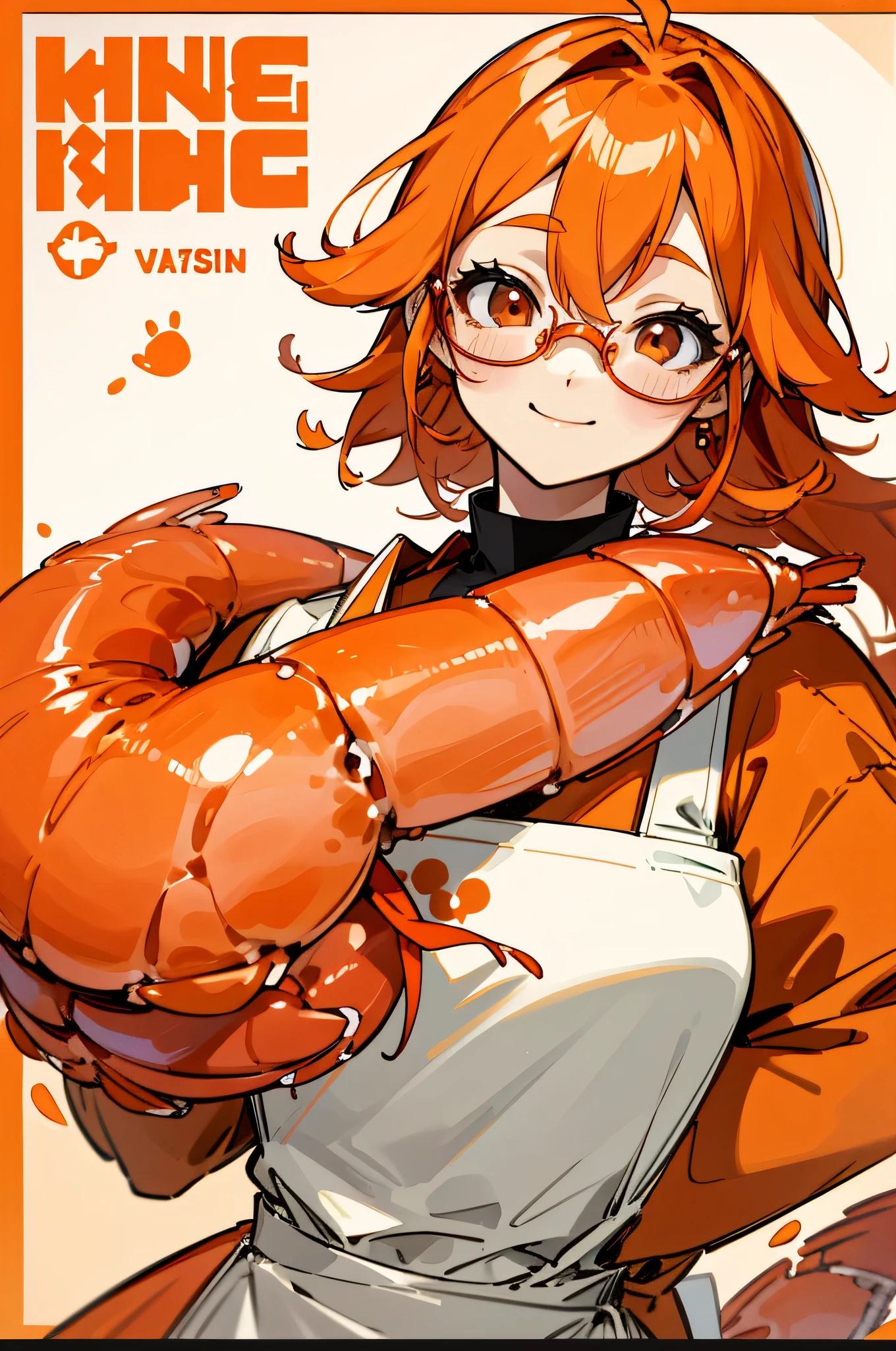 shrimp monster women、Orange Clothes、orange hair、Red round eyes、Smile Yan、upper body close-up、Apron、bright kitchen background、have shrimp families around、Lots of shrimp families、She holds the glasses she took off in her hands