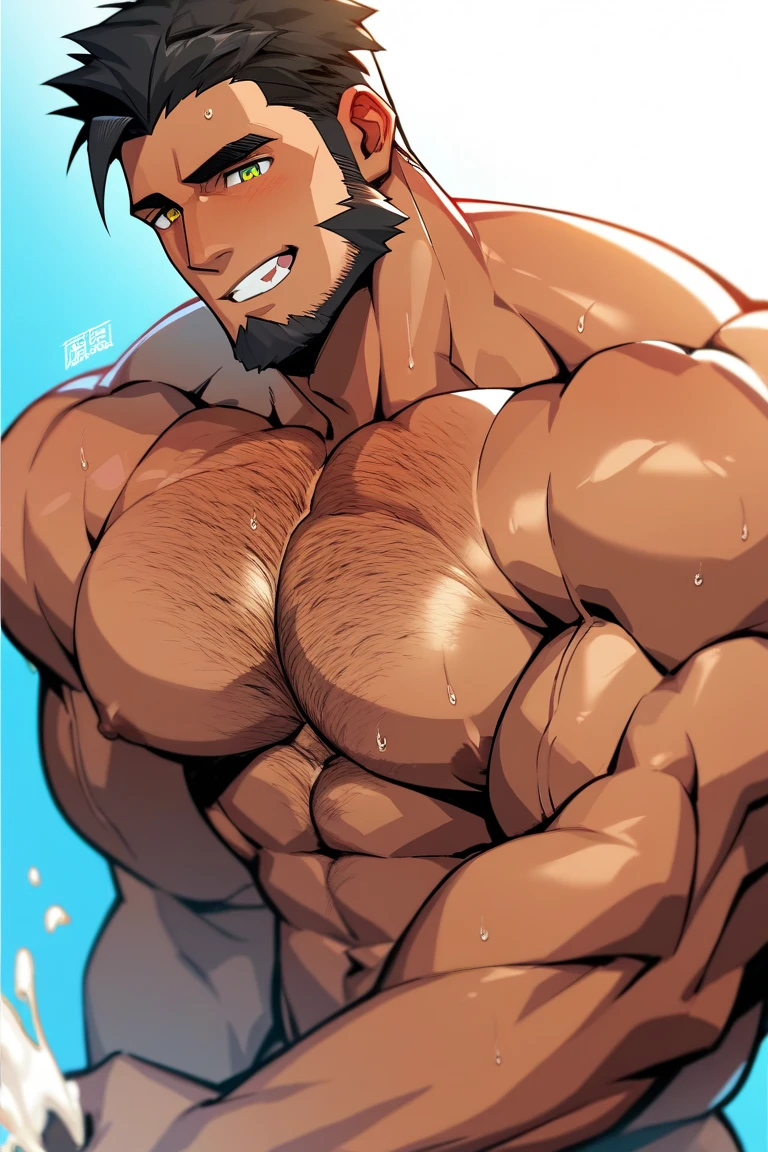 1boy, very tall man, sidepec, mazjojo, muscular male, muscular, bara, solo, looking to the side, annoyed, mature male, short hair, (beard stubble:2), undercut, (stubble:1.5), (uzumaki_naruto:1.5), blonde_hair, spiked_hair, blue eyes, parted lips, white background, simple background, best quality, amazing quality, best aesthetic, absurdres, year 2023, big muscle, strong waist, huge biceps, huge pectorals, very tall, thick thigh, large hands, hyper muscle, brown skin, abs, nsfw, huge penis, cum, projectile cum, naked, nude, steam sweat, (hairy:1.5), girthy penis, (sparse chest hair:1.5), strongman waist