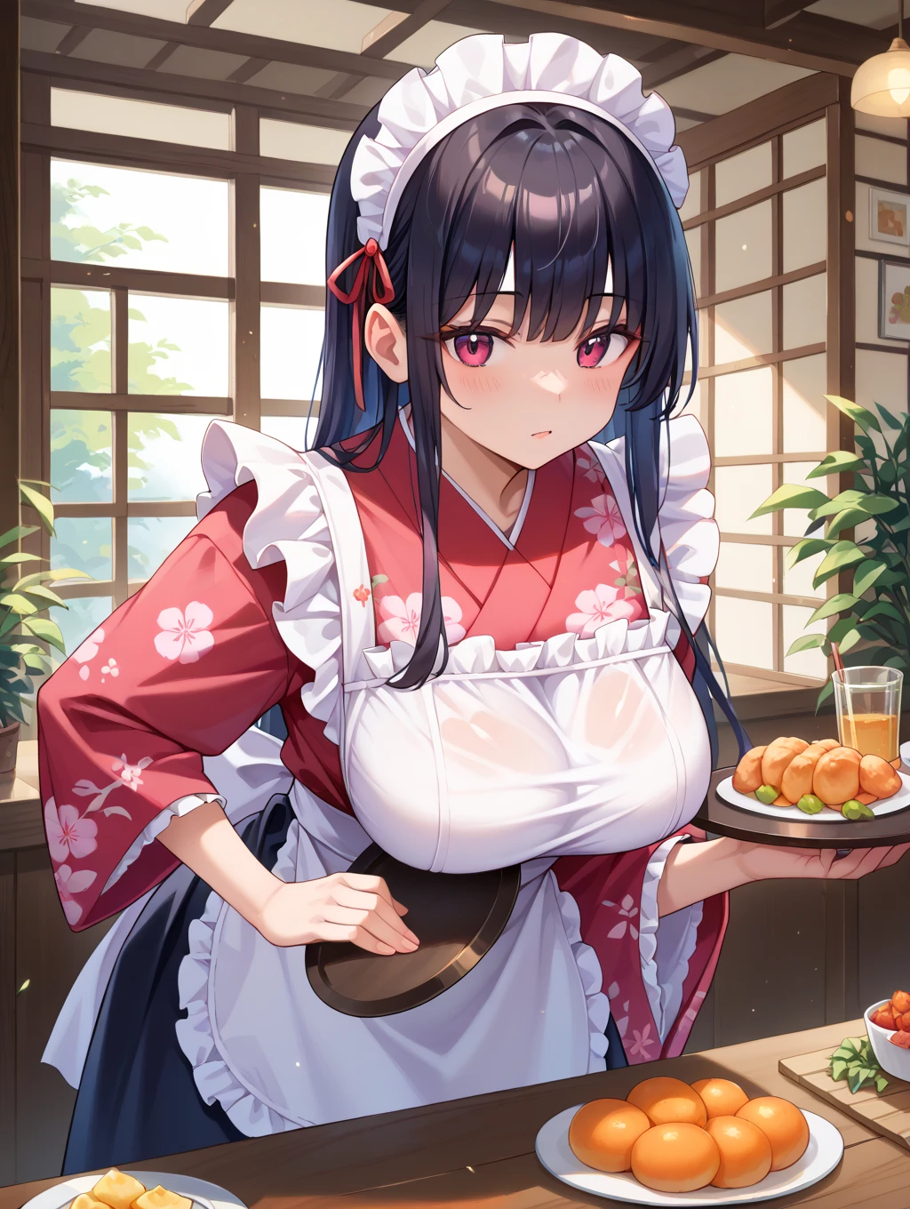 1 girl, eating Japanese hotpot dishes ,  focus hotpot dishes , close to viewer,upper body, from above,kimono,  smile , background shoji screen ,high resolution,(incredibly absurdres), (hires.fix:1.3),anime visual,extremely detailed CG unity 8k wallpaper, ((masterpiece)), ((top-quality)), (beautiful illustration,background Tento), ((an extremely delicate and beautiful))