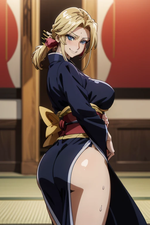 Masterpiece(woman,Huge breasts,Huge breasts:1.5, とても唇が赤いHuge breastsを強調,Big Ass,Narrow waist,Long legs,Greenish blue eyes,Blonde )
8k(Sweat flying:1.4 )8k(Heat rash:1.9 )
8k(Gal:1.3)
8k(Staring at me:1.5)
8k(Anime Style,A floppy smile,What we are looking for,Face mischievous face,The facial expression is accurate:1.7)
8k(Anime Style,The facial expression is accurate)
8k(Wearing a black kimono:1.5)
8k(hairpin :1.3 ),
8k(Angle from below:1.5)