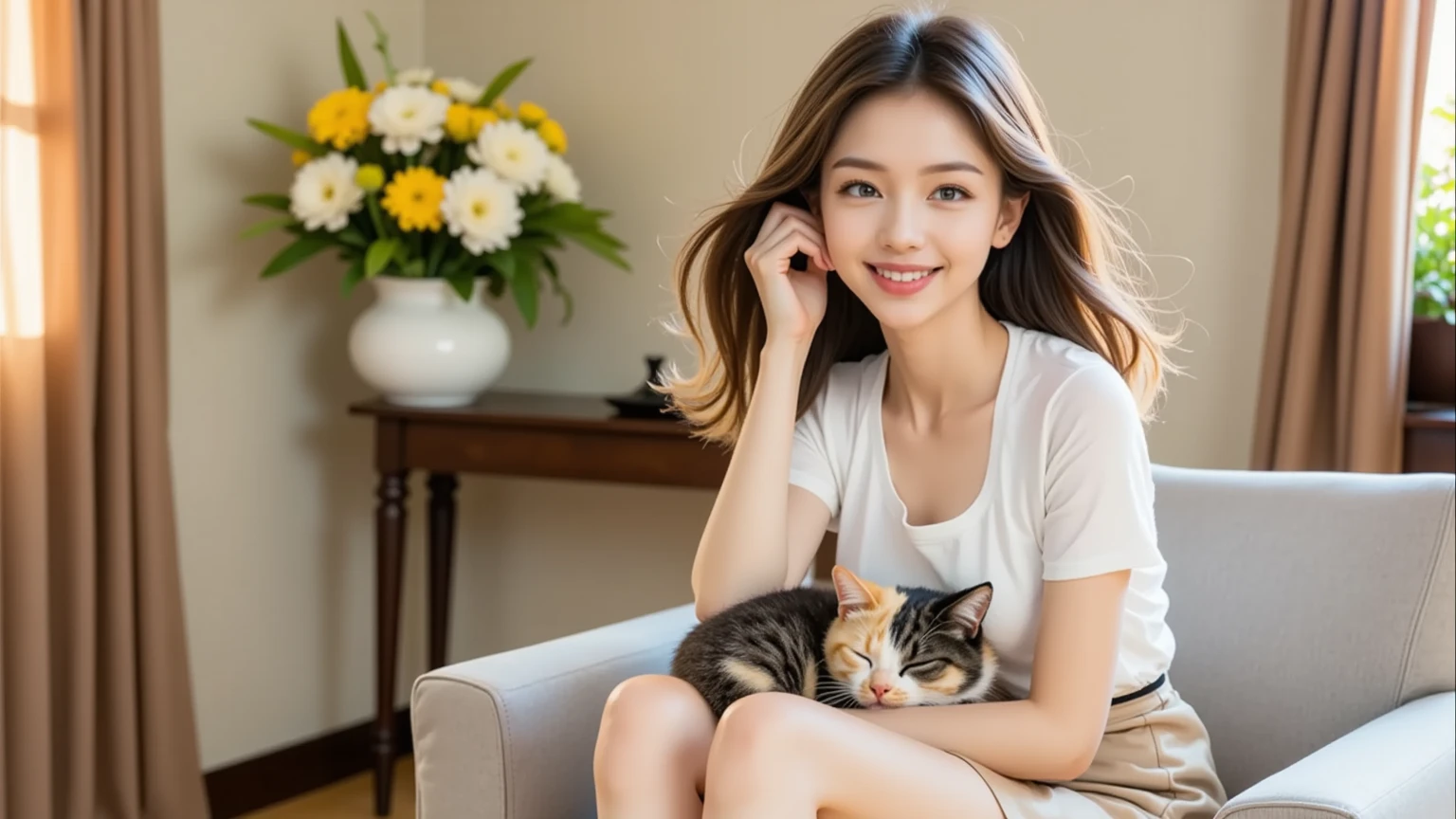 araffe woman holding a cat in her arms in a living room, she is holding a cat in her arms, woman and cat, holding a cat, with a small cat on his lap, Big cheeks holding her cat, Beautiful catgirl, Charming young cat, catgirl very cute very beautiful, woman / cat hybrid, Anna Nikonova, womanที่น่าดึงดูด, cute woman