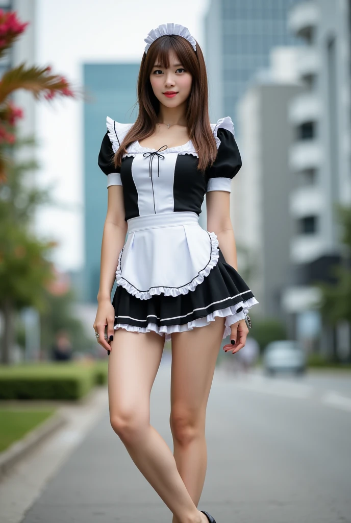 masterpiece、One girl per photo、Full Body Shot、Front view、Young and beautiful woman in Japan、Wearing a cute short-sleeved satin silver black maid outfit、With a big smile、White ruffled headband、White frilly apron、Black Choker、Charming person、Very cute face、Glossy Lips、Body covered in sweat、Double eyelids on both eyes、 Natural Makeup、Long eyelashes、Long Bob Hair、Shiny and smooth light brown hair、Asymmetrical bangs、Sunburned skin、Center image、8k resolution、Advanced Details、Detailed hairstyle、Detailed face、Great cinema lighting、Octane Rendering、Vibrant、Ultra-realistic、Perfect limbs、Perfect ???????、Huge