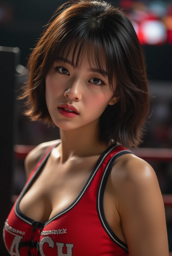 A gorgeous Korean heroine with orange hair, dark tanning, sizeable breasts, and a large bust is engaged in a fierce Thai boxing match with an African woman with black hair and a massive breast. In a deep-low-cut, very sexy loose shirt and short. photorealism, cinematography, looking at the camera, ((Isolation:1.1 ), (Glaze:1.1), (Reflected light:1.2), Glass, Polygon, extremely detailed, intricate, (((((to the looking at the camera)) )), full shot.