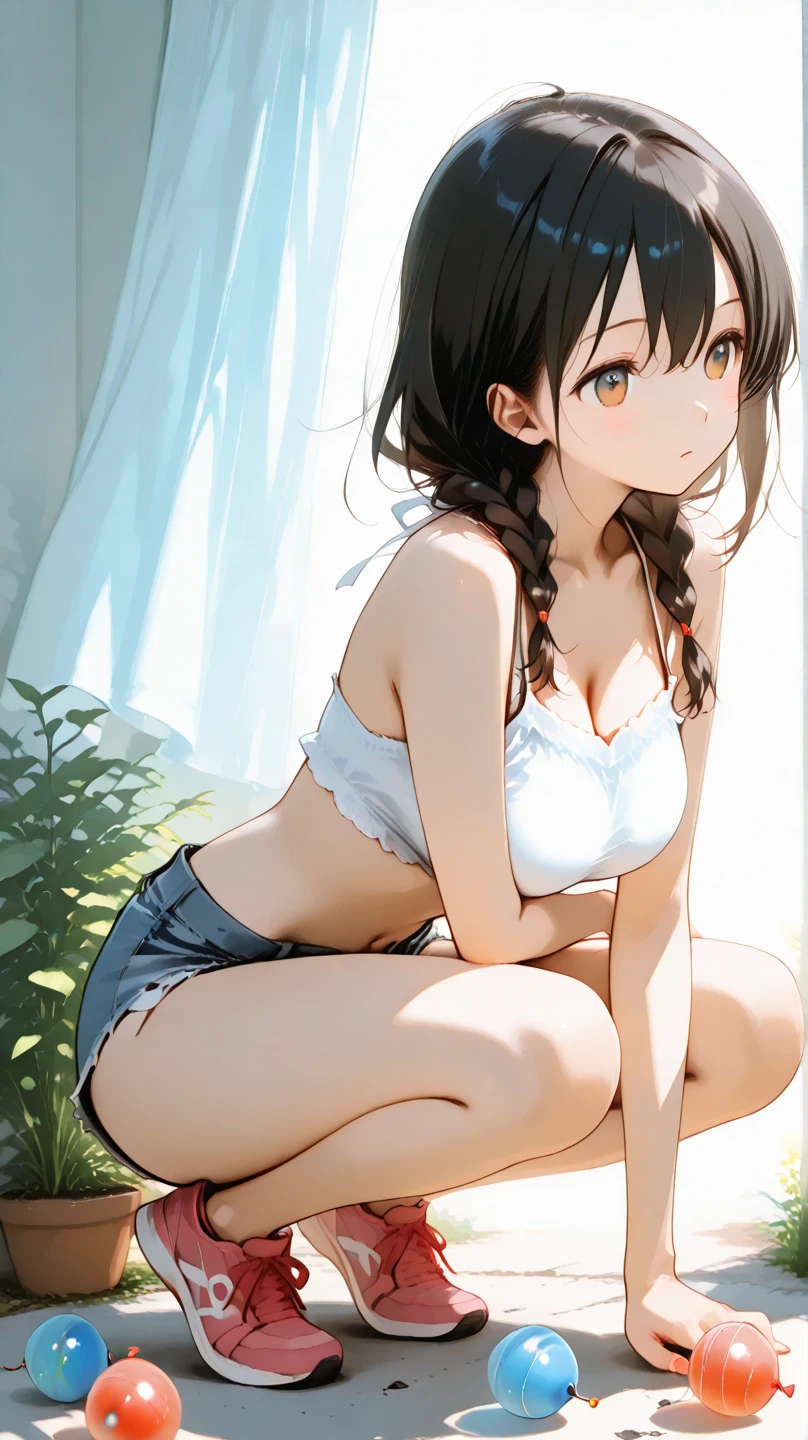 Highest quality、Elementary school student bra、Beige shorts、Cool look、Stretch your legs in the room、Armpit sweat、Grass、Ecstasy face,(Charming person)， (girl１name)， (Highly detailed face, smile) ,, (日本のgirl), Slightly round face, (Tan brown face:1.6), cute, Big eyes、2D，Highest quality，(masterpiece)，(((whole bodyが映る)))，(((whole body)))，Himekai Hatate，(Twin tails:1.6)，((Brown Hair))，Healthy brown skin，((Denim hot pants))，Pink Tank Top，Shining bare feet，barefoot，Beautiful brown eyes，Attractive thighs，Untidy body type，Bedroom，get drunk，Upward glance，cheeks are bright red，あざでcute，Sexy as hell，Erotic look，whole bodyに汗の大きな滴，Humidity，Sleep with your legs stretched、My Room、（Lie down in bed.），Side view，Angle that emphasizes the buttocks