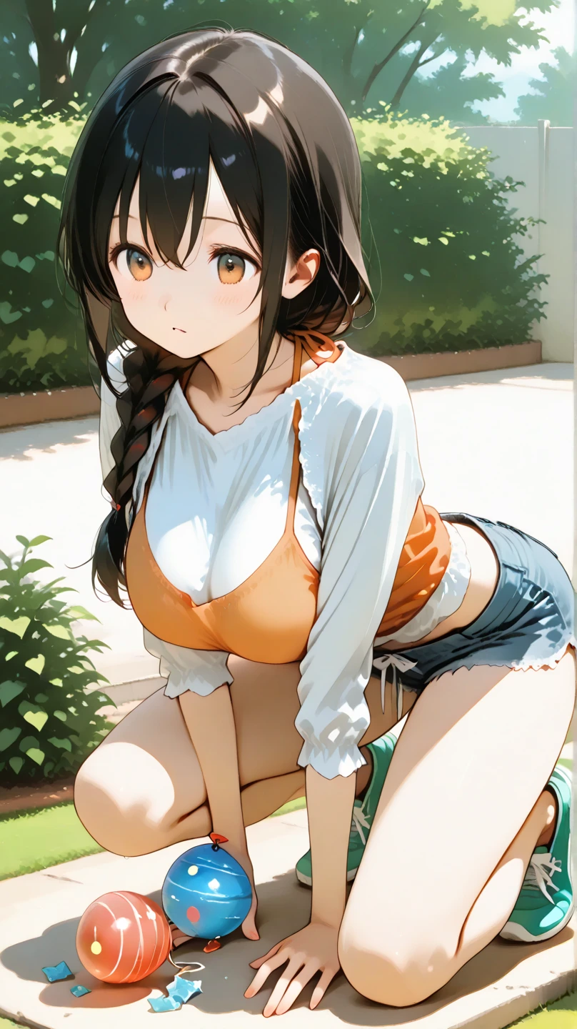 CG, Unity, 8K, wallpaper, Highest quality, masterpiece, Amami Haruka, (smile: 1.2), Sit on a bench, Yellow Camisole BREAK Denim Shorts, barefoot, Thighs, Large Breasts, Sweat, Best lighting, Complex pupil, Complex weaving, Detailed Background, Japan's Seas,