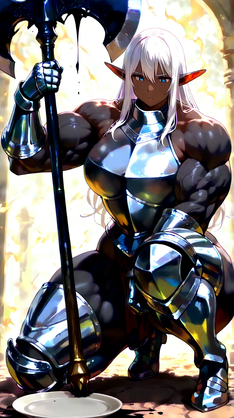 ((((Massive, tall, beautiful, buff, muscular light brown skinned female knight with yellow hair, black lipstick, huge angle wings, ginormous bulky muscles, holding a sword and shield and wearing an all yellow gleaming knight armor with hauberk and pants)))), {close view}, black eyeliner, massive muscles, massive biceps, hyper muscle triceps, (long flowing hair), gray eyes, giant angel wings, knight boots, In a castle, (hauberk pants), steel knight armor, armor breastplate, nighttime, confident smile, hyper muscles arms, hyper muscle legs, ginormous arms