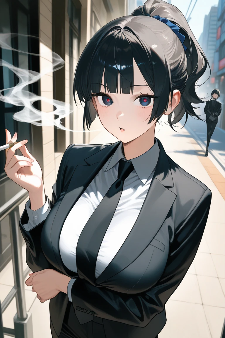 masterpiece, best quality, Extremely detailed, illustration, Epic Lighting, Film composition, Isometric, 1 Girl, Solitary, Lovely, Brown eyes, Black Hair, side fringe, One-side lock, Red hairpin, White collared shirt, Black tie, Black pants, formal, Fascinating eyes, Charming pose, inDoors, office, Door, opening Door, Looking at the audience, Show your upper body, blush, Charming smile, Shut up,(8K:1.1),Huge breasts