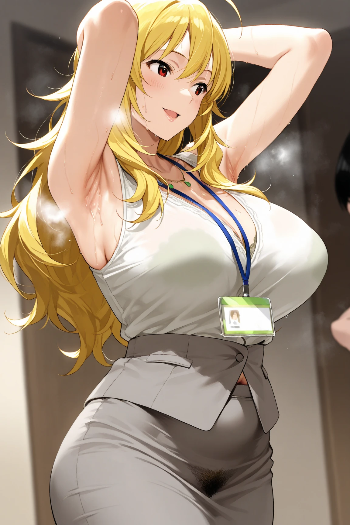 A sensual sexy woman beautiful big breast beautiful attraction long blonde yellow hair her gray eye wears a white button-down office shirt shows her chest red bra and a short purple skirt she sucks dick sausages under a young guy