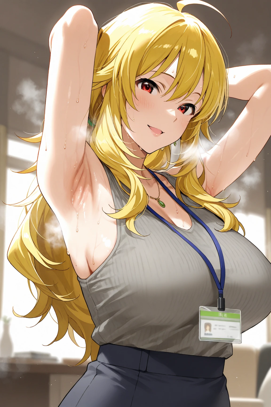 (highest quality, High resolution, 8k, masterpiece: 1.2), Very detailed, (Anime), Misaki Shokuhou, orange eyes, (pupils sparkling:1.2), Beautiful character design, Perfect eyes, Perfect face, Expressive eyes, Perfect balance, smile, blonde, Long Hair, large breast, (black tank top, belly button, black mini skirt, earrings, dynamic Pose:1.2), looking at the camera,(cowboy shot), The gaze camera focuses on the center of the image,