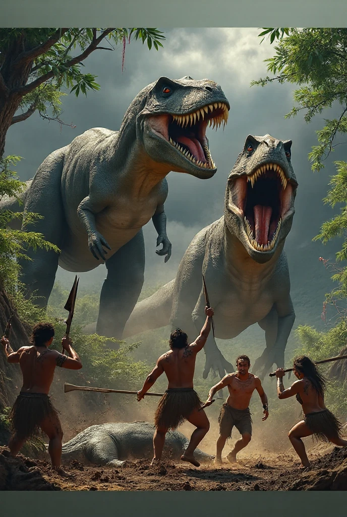 panoramic image, Men in loincloths and dinosaurs fighting each other, epic, masterpiece, vivid colors, perfect lighting, vibrant, high detailed