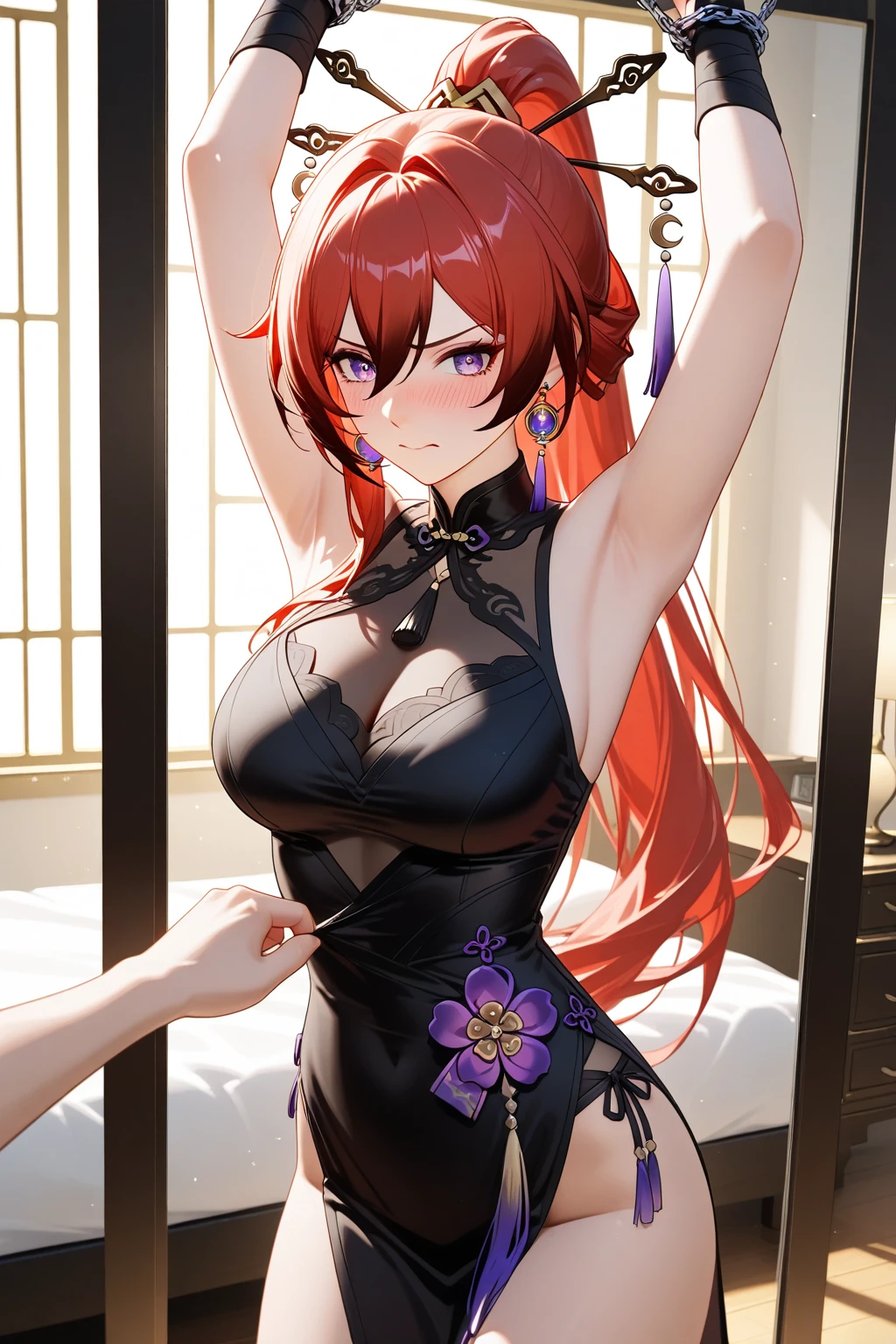 8k, RAW photo, best quality, extremely delicate and beautiful, highres, original,masterpiece:1.2,1girl,mature female,cleavage,marble floor, (Sheer tulle dress:1.5),(see through),(((chest tattoo))),(red_hair:1.2), bangs, long_hair, earrings, jewelry, hair_between_eyes, closed_mouth, purple_eyes,(((clothing cutout))),(((wet clothing))),(((wet body))),(((Thigh tattoo))),(big breasts), textured skin,cowboy shot,(((High slit dress))), ((leg tattoo)), ((groin)), sleeveless,