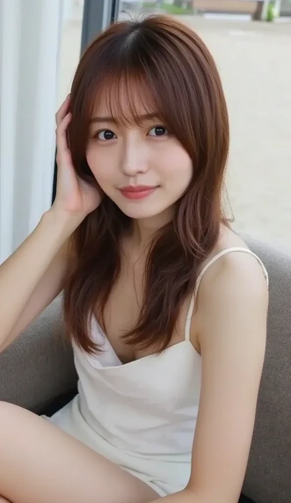 (A hyper-realistic), (illustratio), (hight resolution), (8K), (ighly detailed), (best illustration detailed eye eating), (top-quality), (ultra-detailliert), (​masterpiece), (wall-), (Detailed face), drooing eyes,full of sweat, Full body, Long legs , Medium Hair,inner colored,Solo,Girl in white underwear, japanes, Colossal tits、A smile, cute butt, thighs thin, Moonlight