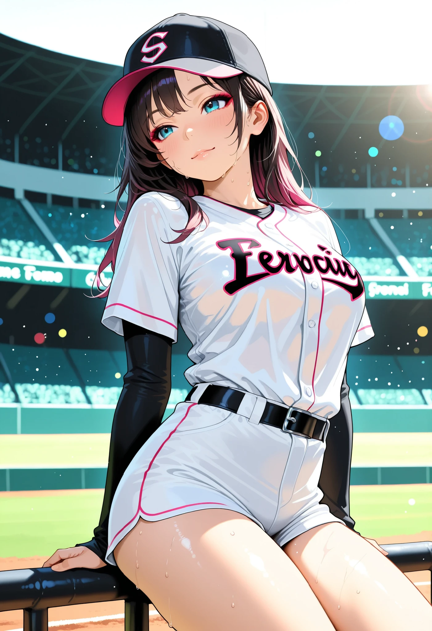 Baseball girl, Stadium, sweat, cap, baseball uniform sitting on a stand, constricted waist, Girl with a thigh, sight, Cowboy Shot, dynamic pose, Sit on the stand, cute, sexually suggestive, soft lighting, detailed texture, High Res Photos, High Quality, 4K, 8K, Realistic, Perfect gloss, colorful, bokeh, Emotional, Attractive, Enchanting, Elegant, delicate, Original photo