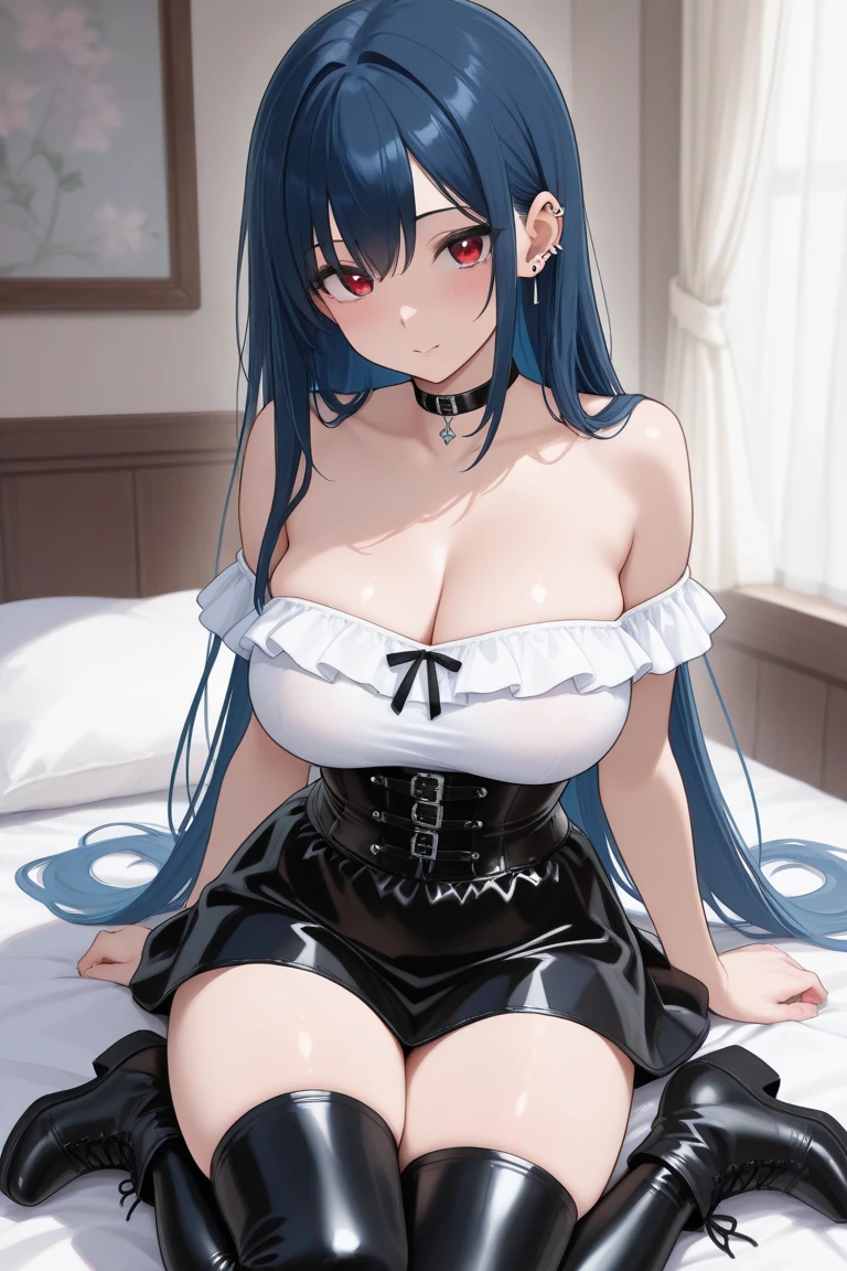 Happy woman, with wolf ears and blue hair, holding her cheeks, wolf tail, wearing a latex dress, looking at veiwer, full body, you can see her chest, naked breasts