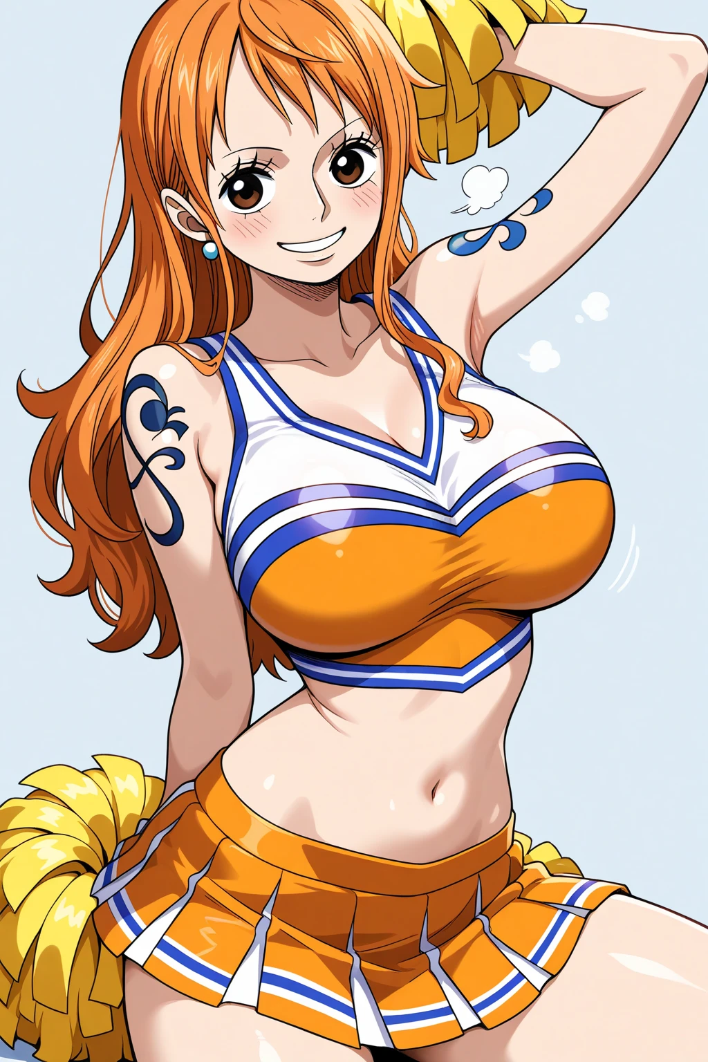 a close up of a woman in a cheerleader outfit, seductive girl, asuka suit under clothes!, breast, realistic