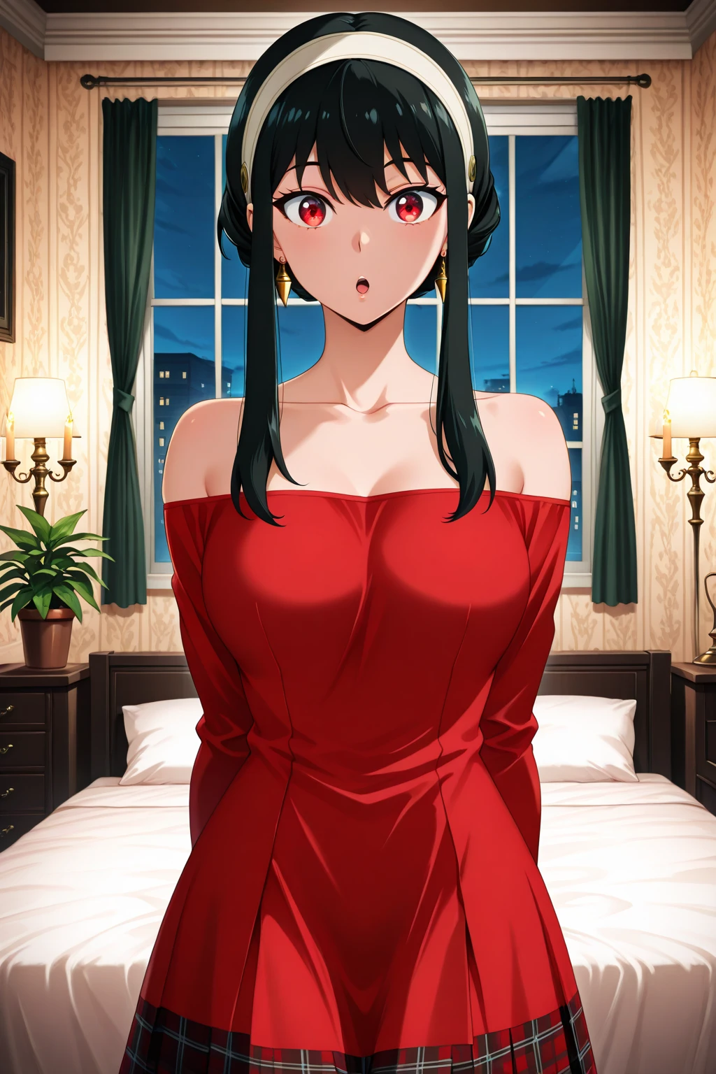 Pubic area is clear，4k wallpaper，HighestQuali，A teenage girl，Burgundy silk nightdress，Reallightandshadow，rays of moonlight，Luxurious European bedroom，Red silk bedding，European style architecture，nighttime scene，The upper part of the body