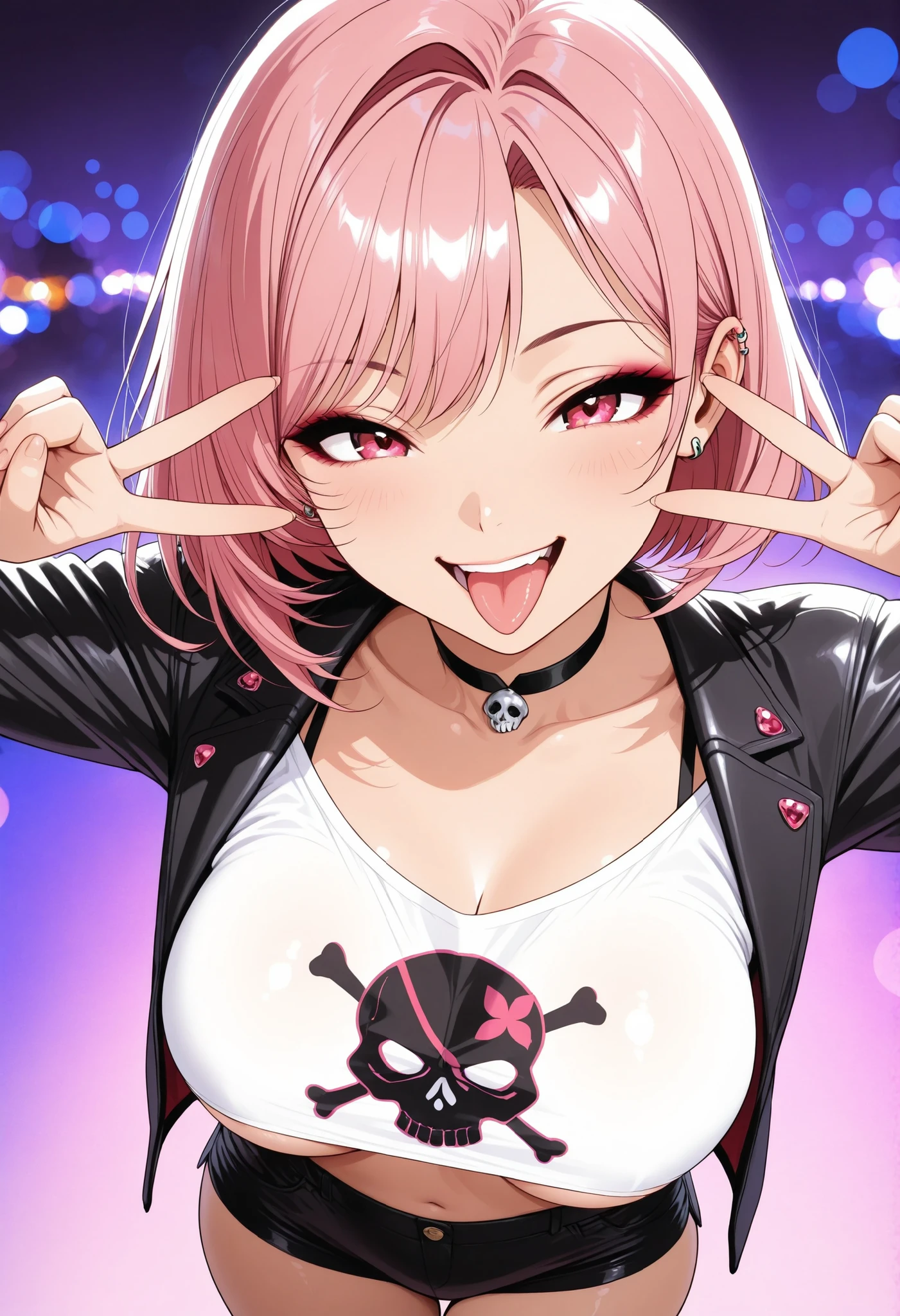 Gal, GAL, sexy, mini t shirt, skull print t-shirt, black jacket, hotpants, piercings, choker, jewelry, Underboob, big boobs, standing grinning, laughing, tongue out, gold pink mesh hair, bob hair, face close-up, from above, v sign, High Quality, Detailed Expression Details, 4K high quality, anime style, delicate texture, realistic skin texture, Bokeh Background, sophisticated lighting, Sensual Atmosphere, detailed high definition illustration, Utopian, Anime Style, Beautiful girl, beautiful girl, Erotic Light, Purple background,