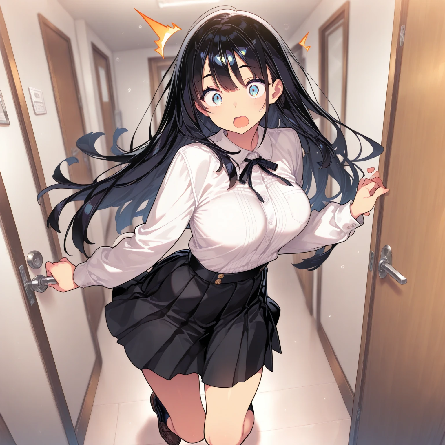 (Perfect body),Best Quality,16 K、Mouth open、I'm surprised、Ahegao、Blushing、embarrassed from、large udder、(Very big butt)、(very large thighs)、(fatness)、backs、Dark hair、Blue eyes、1girl in、(posterior view)、Sweat、(Light blue panty)、(Striped panties)、(School uniform)、Black pleats_Skirt、White shirt、Panchira、(despairing)、On the train、is standing、Skirt_lift、Cowboy Shot、(Looking away)