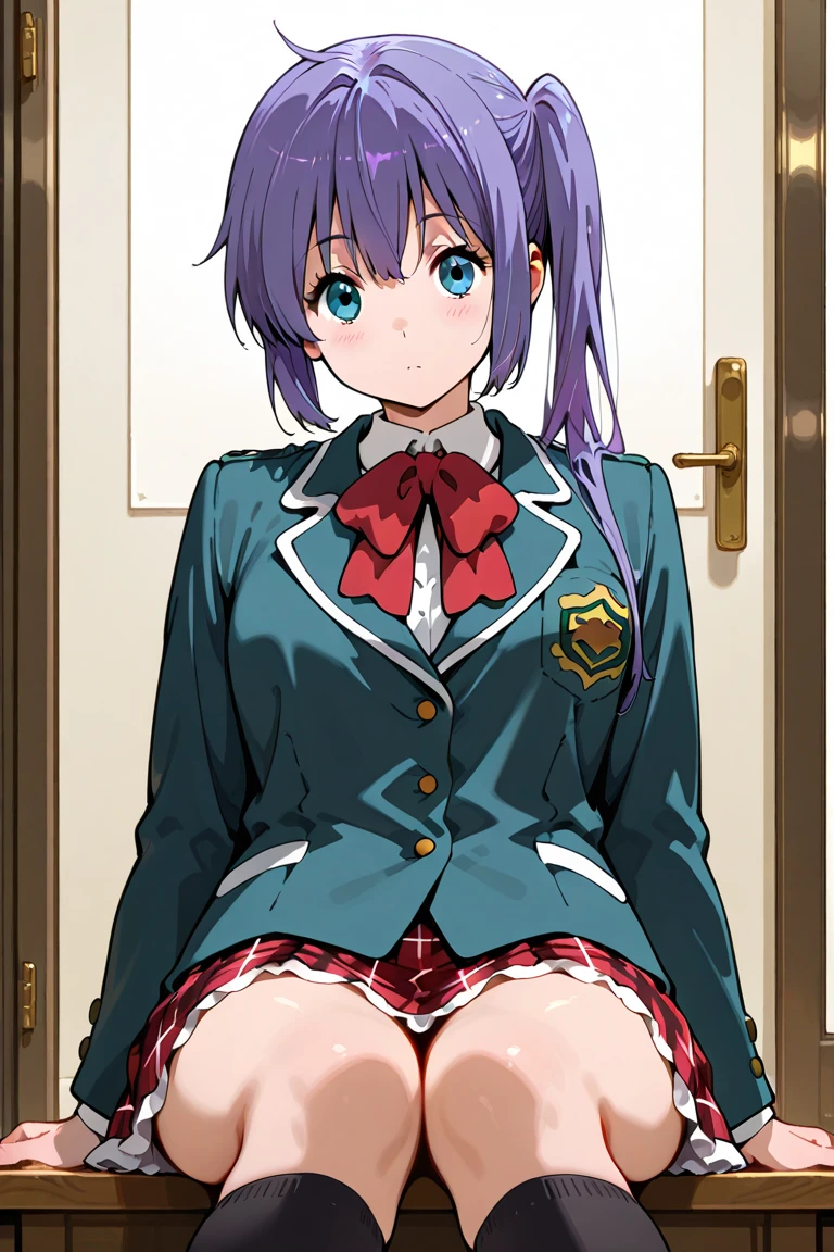 NSFW,1girl in,Sitting,From below,Looking at Viewer,Tomomi_Xijing, bow ribbon, Short hair, School uniform,red school uniform,Winter clothes,Long sleeves,Long skirt,Panties,Perfect Lighting,1girl in,, up skirt,Best Quality,Skirt lift,,Smile,blush,anime screen cap,Flat color,cel shading,(tucking up the skirt),Panties,short torso,Show panties,pantyshot,up skirt,