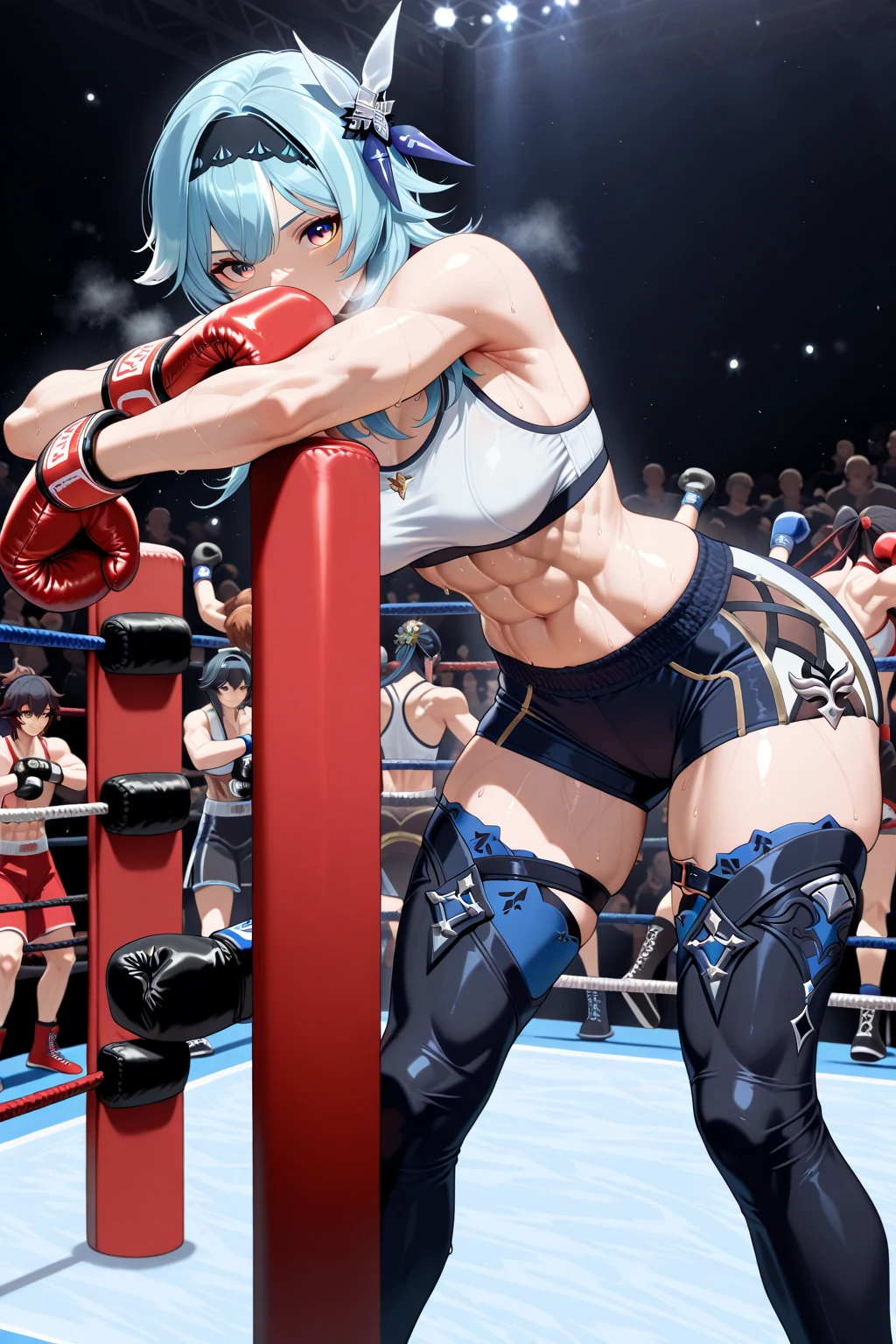 (Absurdres, best high quality, best detailed with gigh quality and very detailed features and textures alone solo character)
{{(20 years old blue-cobalt-blue-haired elf girl wrestler: (pale skin, hair tied in two pigtails, heterochromatic eyes, very thin lips, nice body, big breasts, beautiful arms, beautiful legs, big butt, happy face, open smile, lovely, happy, shaking her booty), (yellow and white one-piece wrestling leotard, yellow wrestler knee-pads, yellow wrestler elbow-pads, white wrestling boots), (afternoon day, wrestling gym)}}