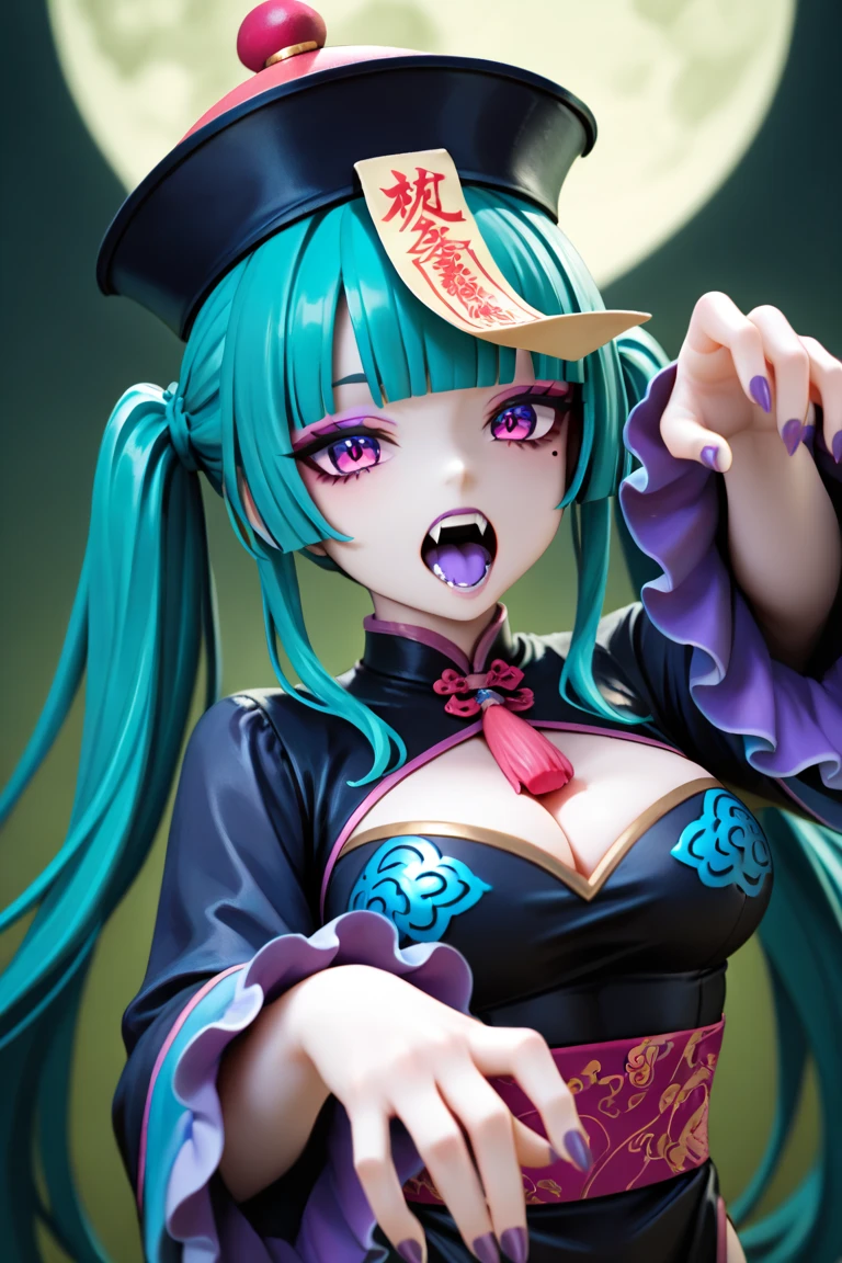 masterpiece,best quality,good quality,
1girl,breasts,solo,open mouth,ofuda,cleavage,purple nails,hat,jiangshi,twintails,looking at viewer,cleavage cutout,purple tongue,mole,purple eyes,dress,zombie pose,black headwear,mole under eye,clothing cutout,fangs,outstretched arms,chinese clothes,teeth,upper body,long hair,green hair,long sleeves,talisman,qingdai guanmao,green background,black dress,nail polish,colored tongue,fingernails,makeup,moon,purple lips,eyeshadow,blunt bangs,aqua hair,frilled sleeves,tongue,wide sleeves,medium breasts,