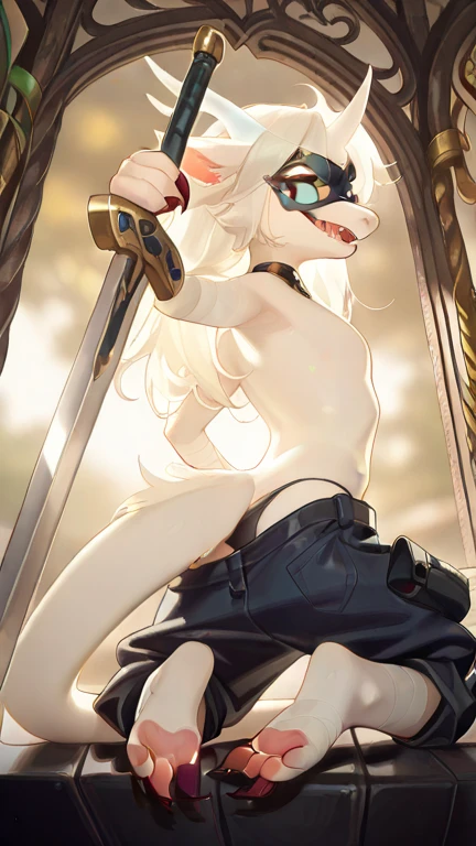 Solo, score_9,score_8_up,score_7_up, source_anime, 9s from nier automata, blindfold, male, Anthro, Anthro furry white domestic dog, white furry body, white canine ears, snout, feminine, femboy, wearing black thong, small bulge, pasties, x on nipples, on his knees, playfully sticking tongue out, blep, dog collar, pay pose, clenched fists, in a destroyed city with overgrown vegetation, in a forest, from above 