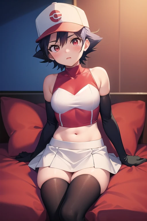 pokemonmarnie, aqua eyes, , black hair, hair ribbon, long hair, red ribbon, ribbon, twintails, room, breasts, cleavage, blush, highres, navel, hand on hip