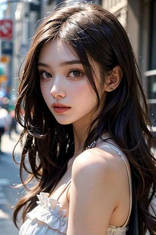 （1 Girl：1.3）， solo， （（（Very Very Detailed face））），（（Very detailed eyes and face））），（Full body portrait:1.5）（Light pink hair:1.5）, （Pink Eyes:1.5）, Pink and white, Sakura Leaves, Bright colors, White Dress, Paint splatter, Simple background, Ray Tracing, curls