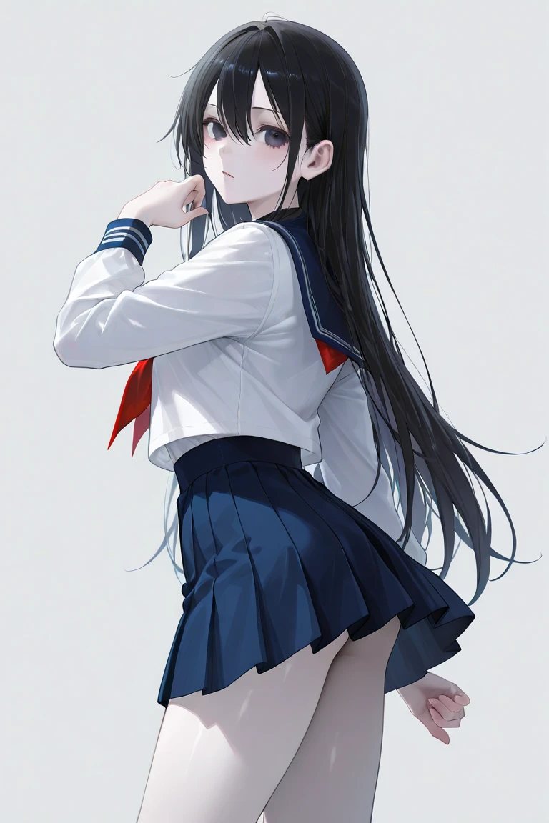 1girl, AmanaiRiko, solo, school_uniform, sailor_collar, serafuku, letterboxed, braid, blue_sailor_collar, looking_at_viewer, long_hair, open_mouth, parted_lips, bangs, :o, shirt, Taisho era, rear view, shows ass, butt 