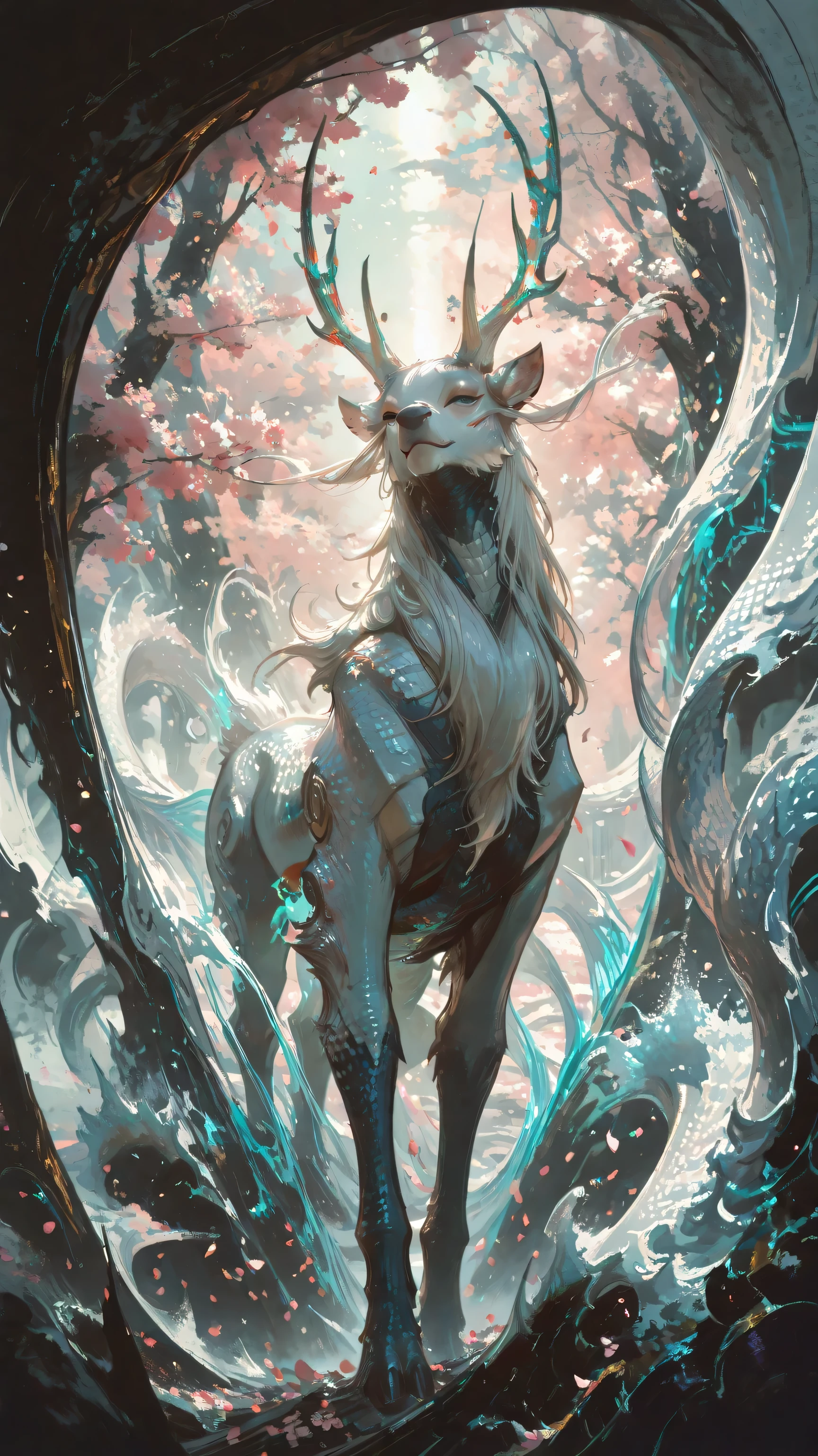 A legendary Qilin with a body covered in shimmering dragon-like scales, and majestic, deer-like antlers. Its flowing mane moves with the dynamic energy of Hokusai's wave patterns, each strand curling like a crashing tide. The creature stands amidst a storm of falling cherry blossoms, petals swirling in the air. It radiates an aura of nobility and sacred mystery, with an unapproachable, divine expression. The scene is lit with dramatic, cinematic lighting that enhances the vivid colors of its scales, mane, and surroundings. The composition evokes a sense of timeless legend, blending traditional Japanese aesthetics with mythical fantasy.