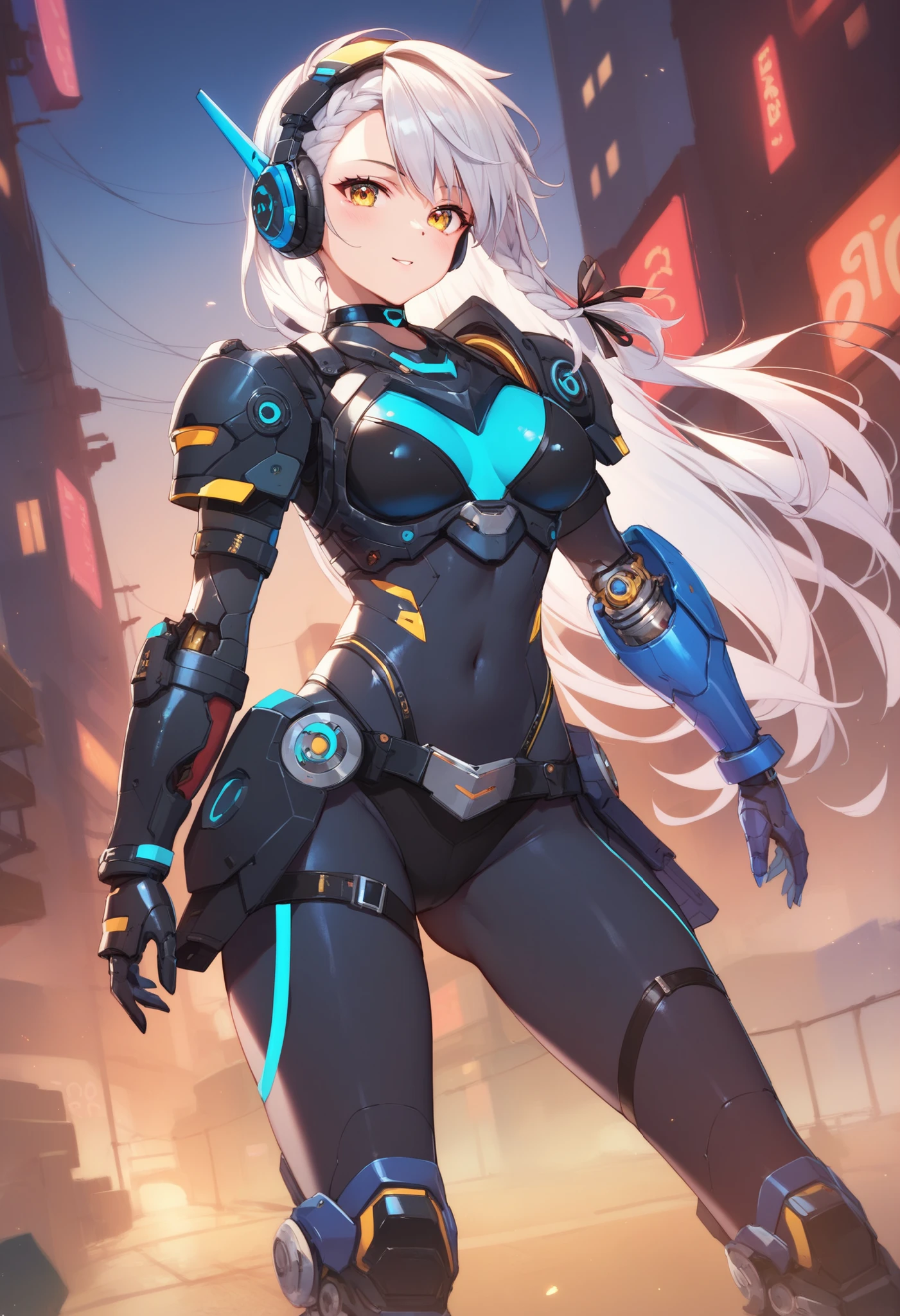 View from below angle from below girl mecha half cyborg, modifications, She has a curvy figure but a narrow waist., she has long blue hair, with blue eyes, with a gas mask on his face, cybernetic suit blue, costume parts with blue lights and LEDs, a multitude of glowing blue lines and lights, hands prosthetics, gorgeous body, short sports shorts that highlight her big wide hips, but it is covered by a mechanical suit, flat horizon photo, anime style pictures, на backgroundе изображения синее небо, clouds and lights and glare in large quantities, and also blue fog and smoke , background: blue sky with clouds