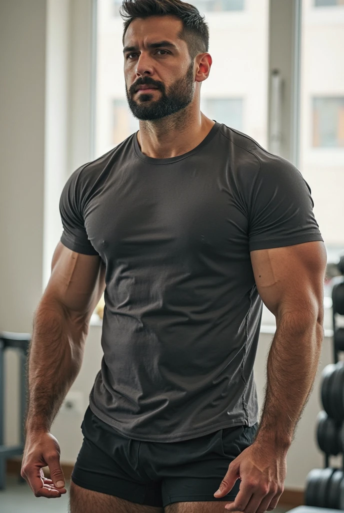 Handsome Indian latino muscular hunk in tighttee shirt with joggers, standing in shopping mall, head to thigh view