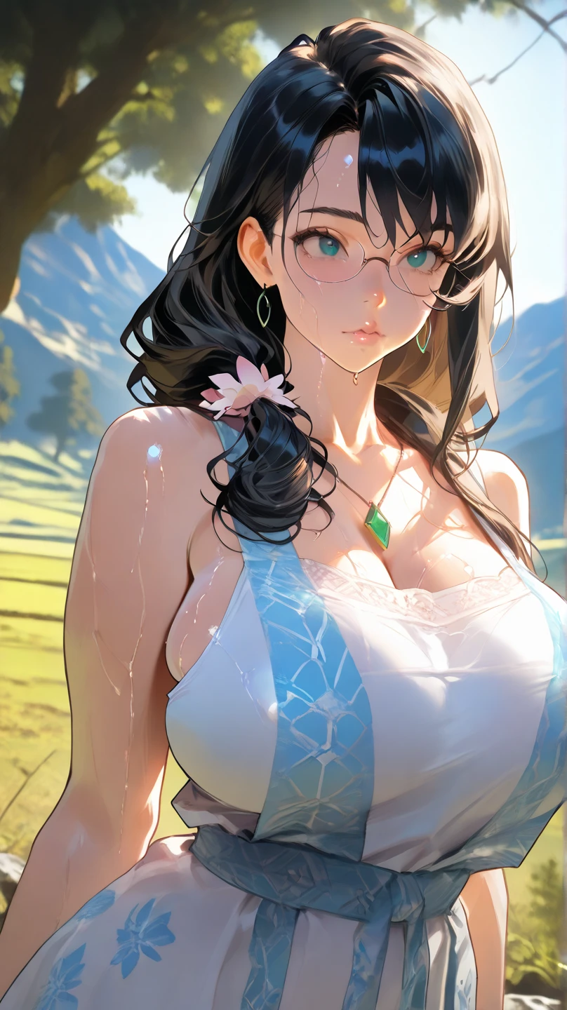 masterpiece , the best quality , 8k resolution , highly detailed , professional manufacturing , hight contrast , cinematic lighting , vibrant , 1 girl , MILF , ((dark-skinned)) , oppai proportions , awesome tits , huge breasts ,thick nipples , beautiful , perfect , pretty , cute , sexy , erotic , seductive , full body , curvy physique , ((blue eyes)) , ((white hair)) , big ass , full lips , thin waist , thick thighs , detailed face , glasses , Pearl neackle , intricate face details , detailed hands , detailed legs , detailed feet , cleavage , ((blue lingerie)) , Open baby doll, on the forest , waterfall , beach , mountain