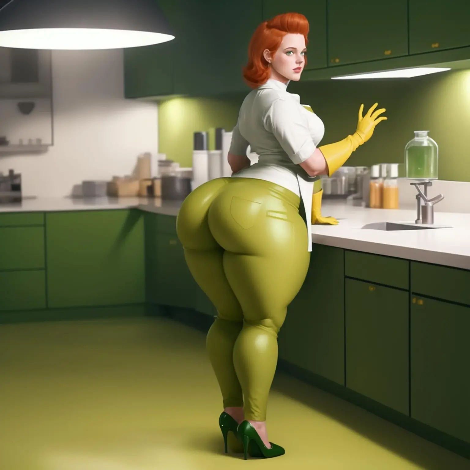 female, thick thighs, big ass, high heels, wide hips, ginger hair, pretty, yellow gloves, (((green pants))), white apron, laboratory background,  dextersmom,  <lora:dextersmom:0.7>,