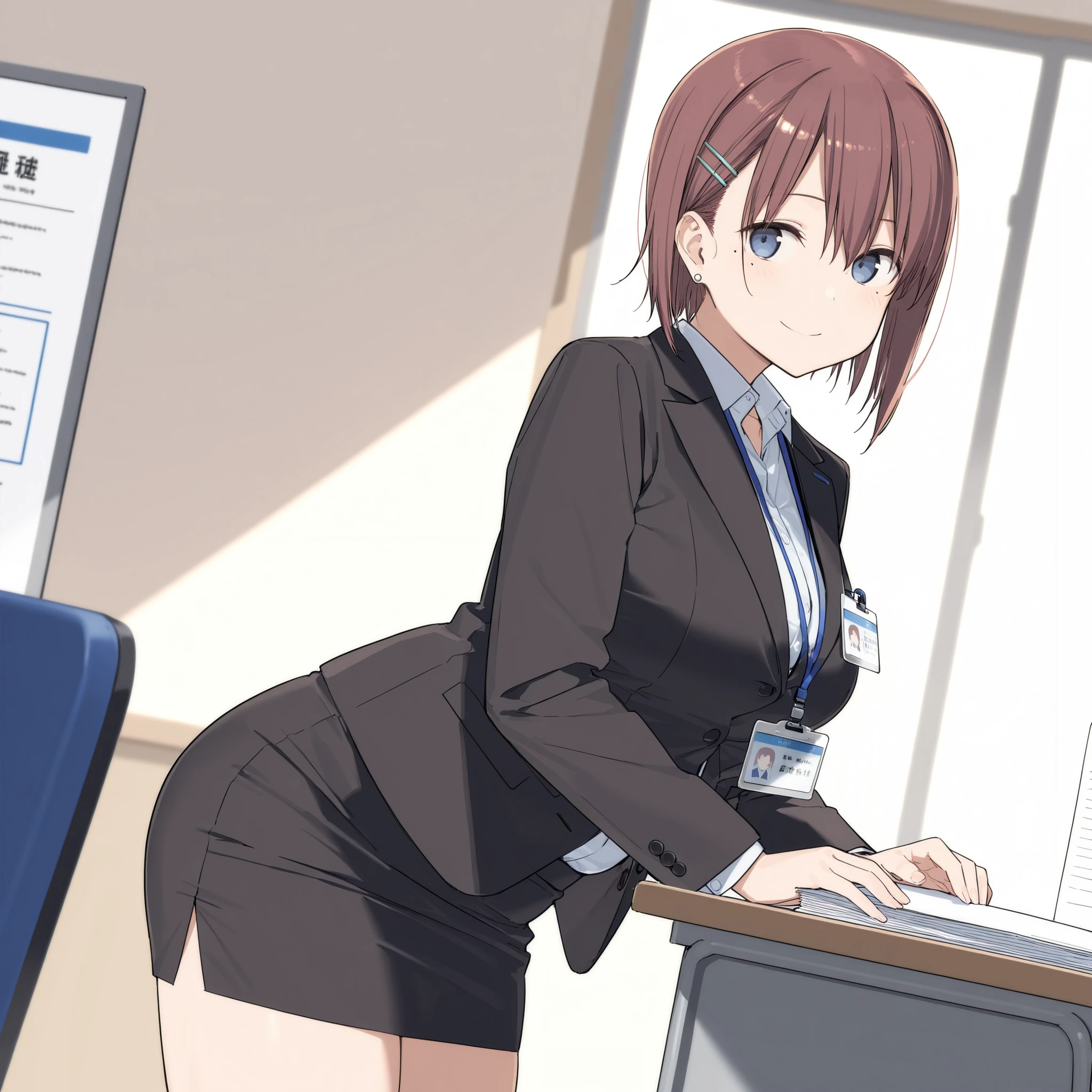 score_9, score_8_up, score_7_up,source_anime,uncensored,uncensored, 1girl,
, office lady, mole, mole under eye, , , , earrings, lanyard, id card, , jewelry, hair ornament, hairclip, skirt, short hair, multiple , shirt, pencil skirt, , , , Tawawa-style, , chubby, , smile , , standing, from front ,, desk, hands on side, open eyes wide, black jacket, closed mouth, ,, twinkle effect, holding document on one hand, closed mouth, eyes looking right sides,