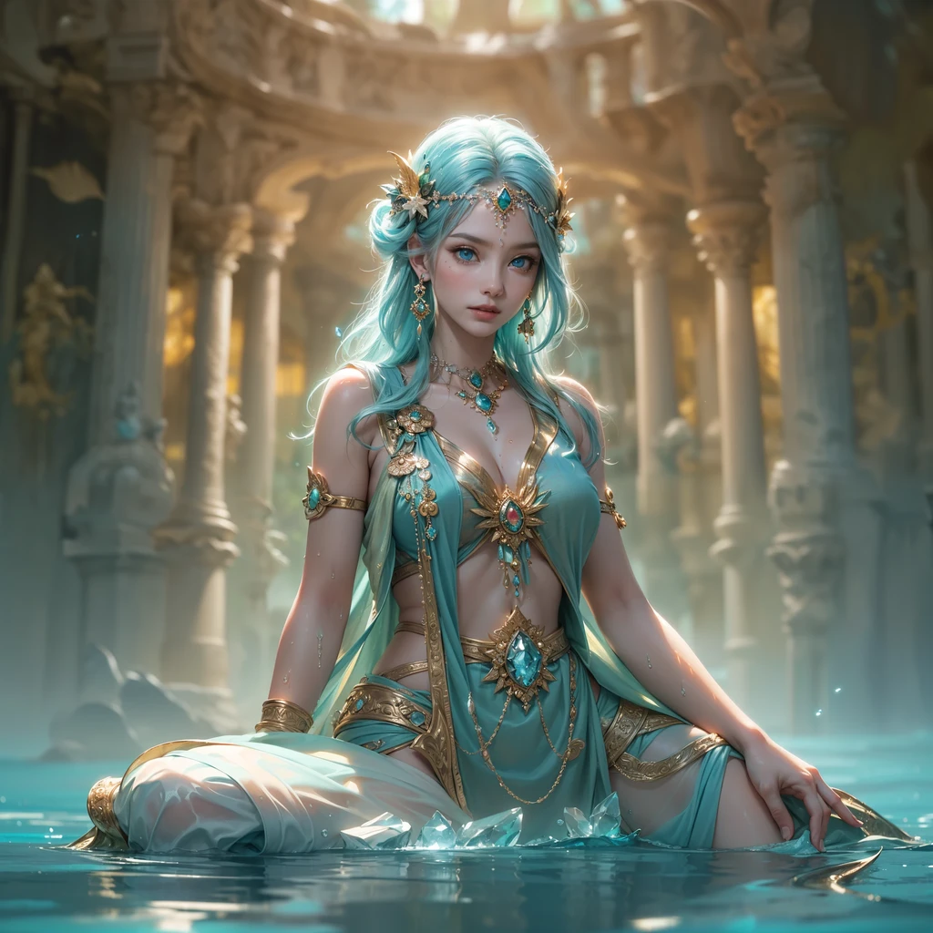 (Best quality, masterpiece, ArtStation, Fantasy Art:1.2), a castle yard, a beautiful cute girl standing in water, (long silver hair:1.1), (intricate body paint:1.35),( crop top:1.2), water particles floating around her, water powers