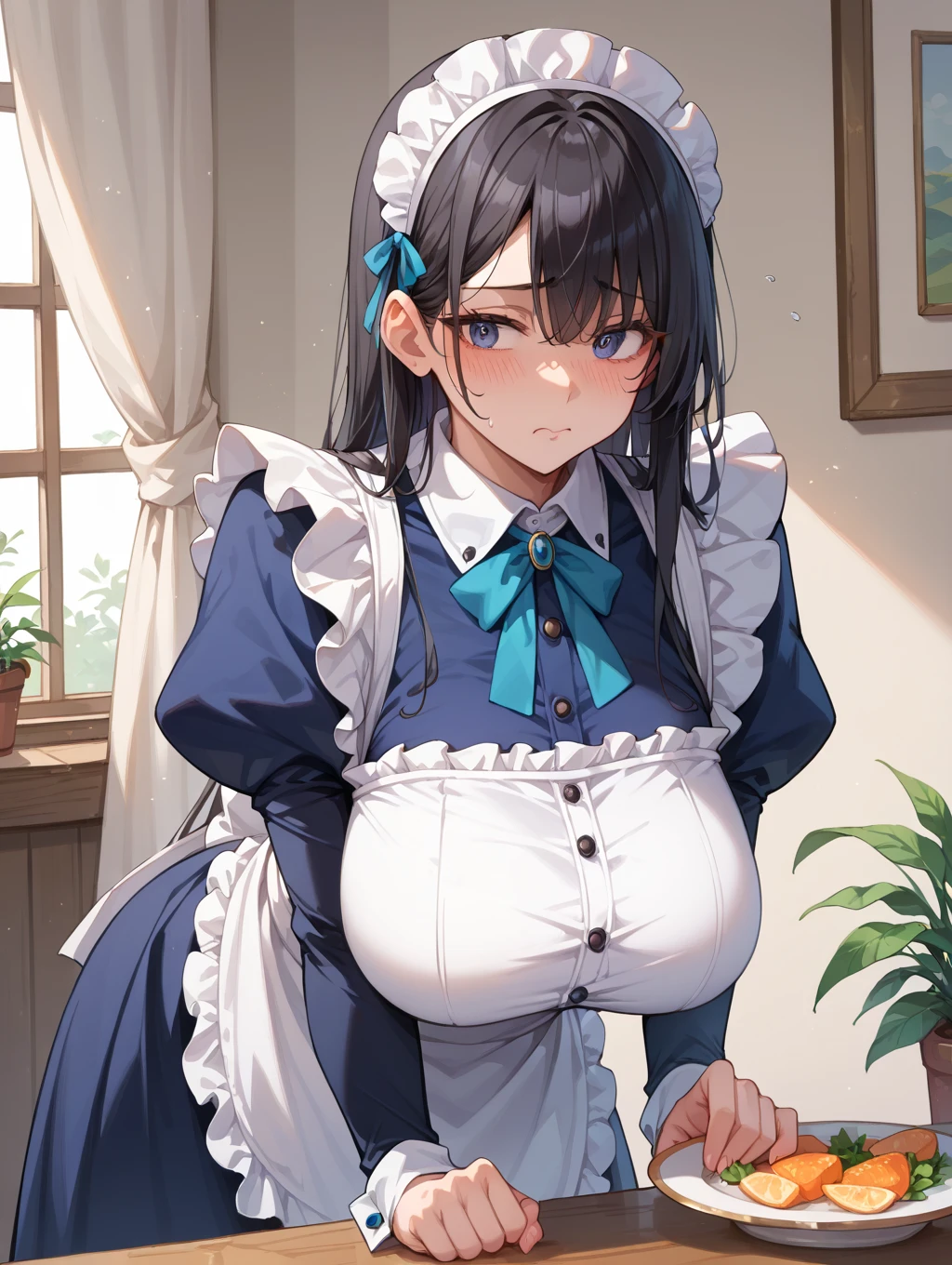 Yunyun, huge breasts, maid , full body, open mouth, from front 