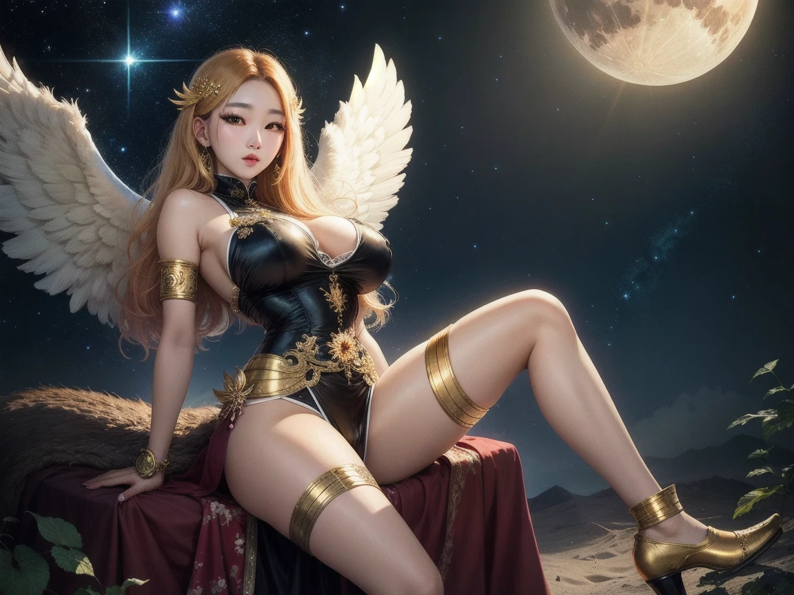 ((best quality)), ((masterpiece)), (detailed), succubus, ethereal beauty, perched on a cloud, (fantasy illustration:1.3), enchanting gaze, leotard, pantyhose, stockings, bodysuit, captivating pose, delicate wings, otherworldly charm, mystical sky, large moon, moonlit night, soft colors, (detailed cloudscape:1.3), (high-resolution:1.2), from below, (rating_explicit), (score_9, score_8_up, score_7_up, score_6_up, score_5_up, score_4_up, high res, 4k)
