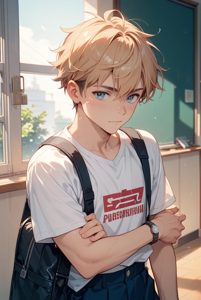 A 15-year-old junior high school boy stands in a classroom，Shota，Round face and round chin，Slightly hunched，White top，Messy bangs，Laugh awkwardly，Eyes widen，sideface，athletic sneakers。and the sun was shining brightly，‎Classroom，quadratic element