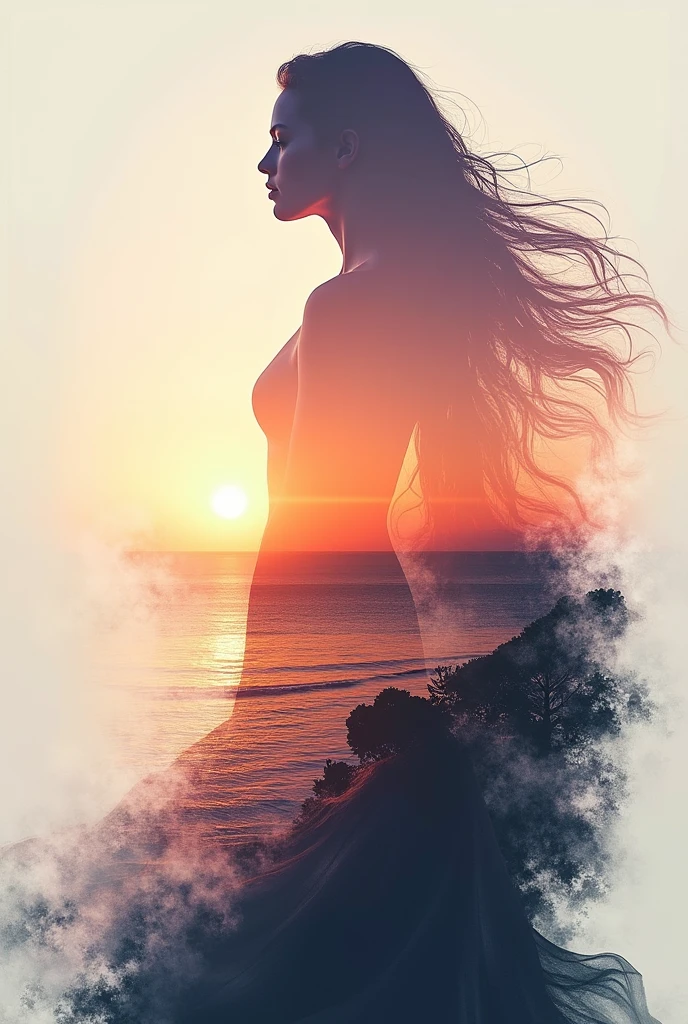 high quality, 8K Ultra HD, A beautiful double exposure that combines an goddess silhouette with sunset coast, sunset coast should serve as the underlying backdrop, with its details incorporated into the goddess , crisp lines, The background is monochrome, sharp focus, double exposure, by yukisakura, awesome full color,