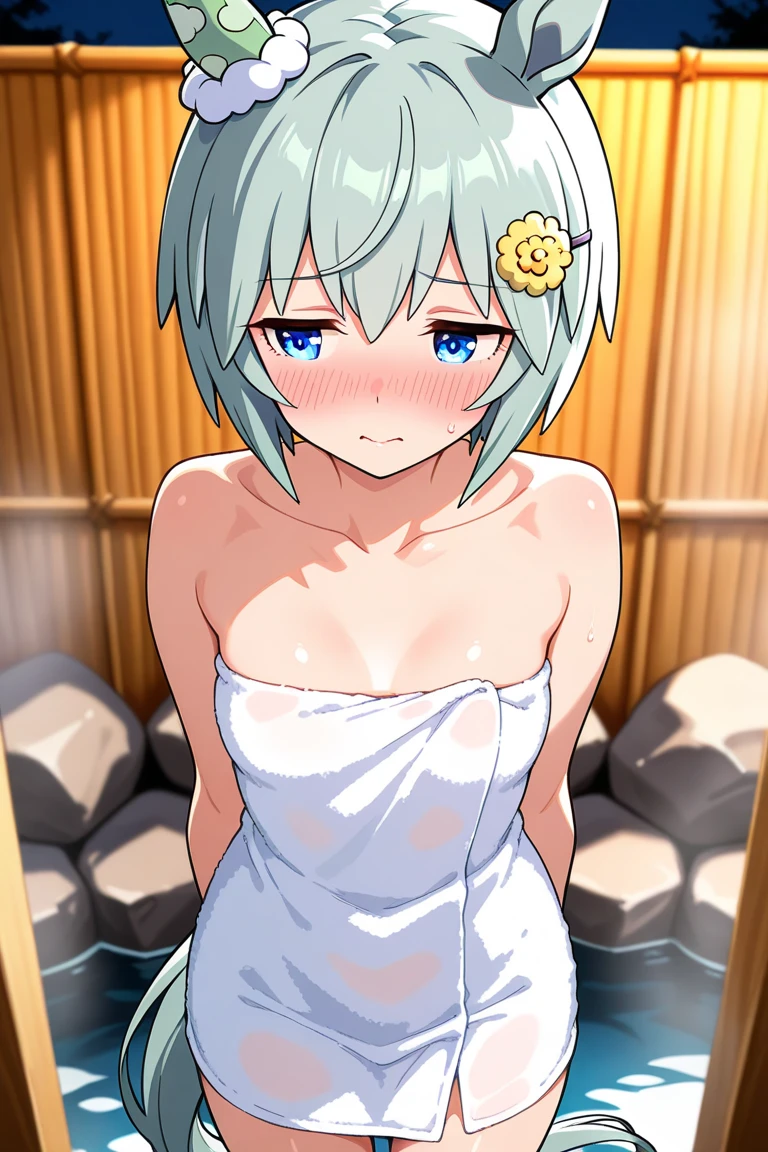 1Girl, seiun sky(umamusume), umamusume, sweat, steam, bukkake,shiny skin, smile, blush , breasts, nude, hairband, panties,ribbon, covering breasts, looking at viewer, cowboy shot, straight-on, masterpiece,very aesthetic, recent, mid,
