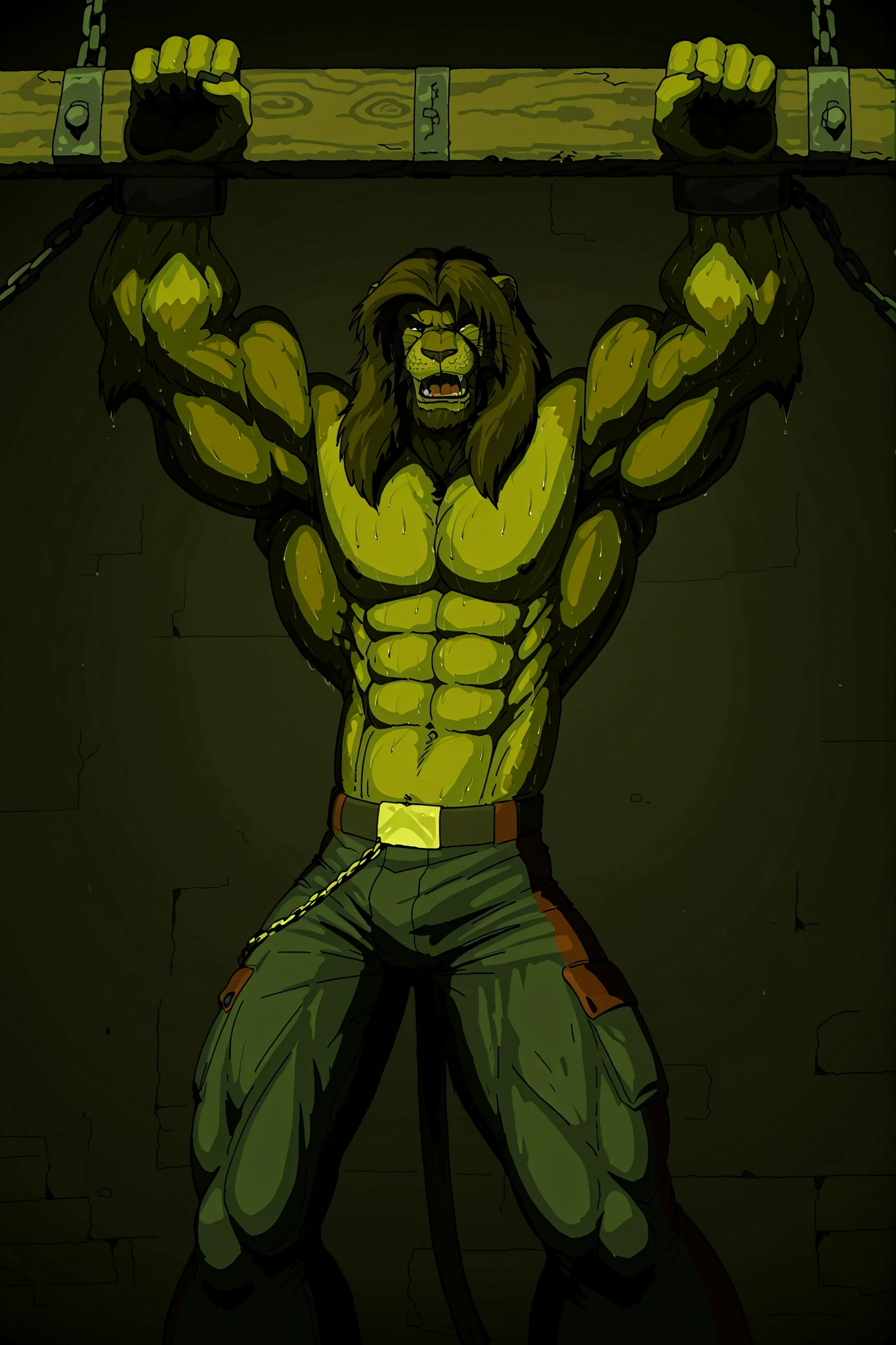 (masterpiece, ultra-detailed, cinematic lighting, 4K, sharp focus, full-body, wide shot, dramatic lighting, dark fantasy), Galen Dhaelos — a tall, heroic anthro lion warrior with a thick dark brown mane and expressive, realistic dark brown eyes — is fully restrained in a large, ancient dungeon. wide shot, He is bound in a dramatic crucifixion pose on a massive metal X-cross bolted to the stone wall behind him. Heavy iron chains pull his arms and legs wide apart, stretching his muscular but proportionate body. A strong **frontal magical light** shines down on him from above, illuminating his chest, abs, and face, while the surrounding dungeon remains in deep shadow. His upper body is bare, showing defined but natural muscle structure beneath soaked fur. He wears torn dark pants. A glowing ghostly fist slams into his abdomen in this moment — a **clear, visible gut punch**. His torso folds slightly at impact, mouth open in a pained roar, fangs bared, spittle and sweat flying, eyes clenched shut. Behind him, the X-cross is clearly visible — iron, weathered, riveted, surrounded by faint magical glyphs. Torchlight flickers on the dungeon walls, casting ominous shadows. The scene captures pain, resistance, and epic tension in a grim, magical world. Tags: crucifixion, CROSS_X, x-cross, chained, struggling, heroic dark fantasy