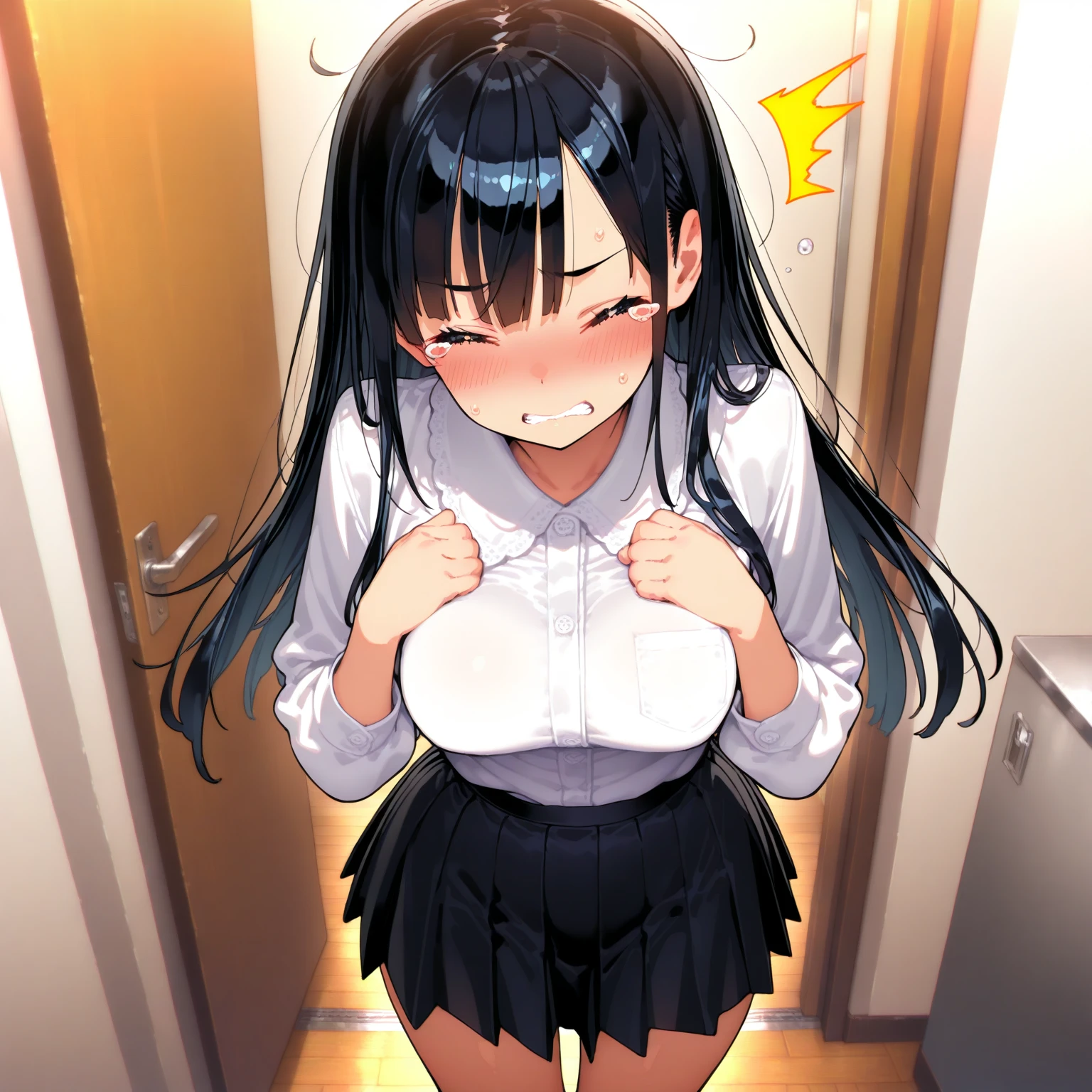 Minya Johnson, Mini Yaemori, Long hair, Bangs, Black hair, Blue hair, (Purple eyes:1.1), multicolored hair, Blunt bangs, striated hair, Ahoge,BREAK  shirt, White shirt, Short sleeves, clothes writing,BREAK looking at viewer,BREAK (masutepiece:1.2), Best Quality, High resolution, Unity 8k壁纸, (Illustration:0.8), (Beautiful detailed eyes:1.6), extra detailed face, Perfect Lighting, extremely details CG, (Perfect hands, Perfect Anatomy),Naughty big、Smile with open mouth、cowboy  shot、thighs thighs thighs thighs、(Skirt lift:1.3), (white  panties:1.3)、(Skirt that rolls up:1.3)、(Fully exposed panties:1.5)、outside of house、plein air、double tooth、Throat and face、